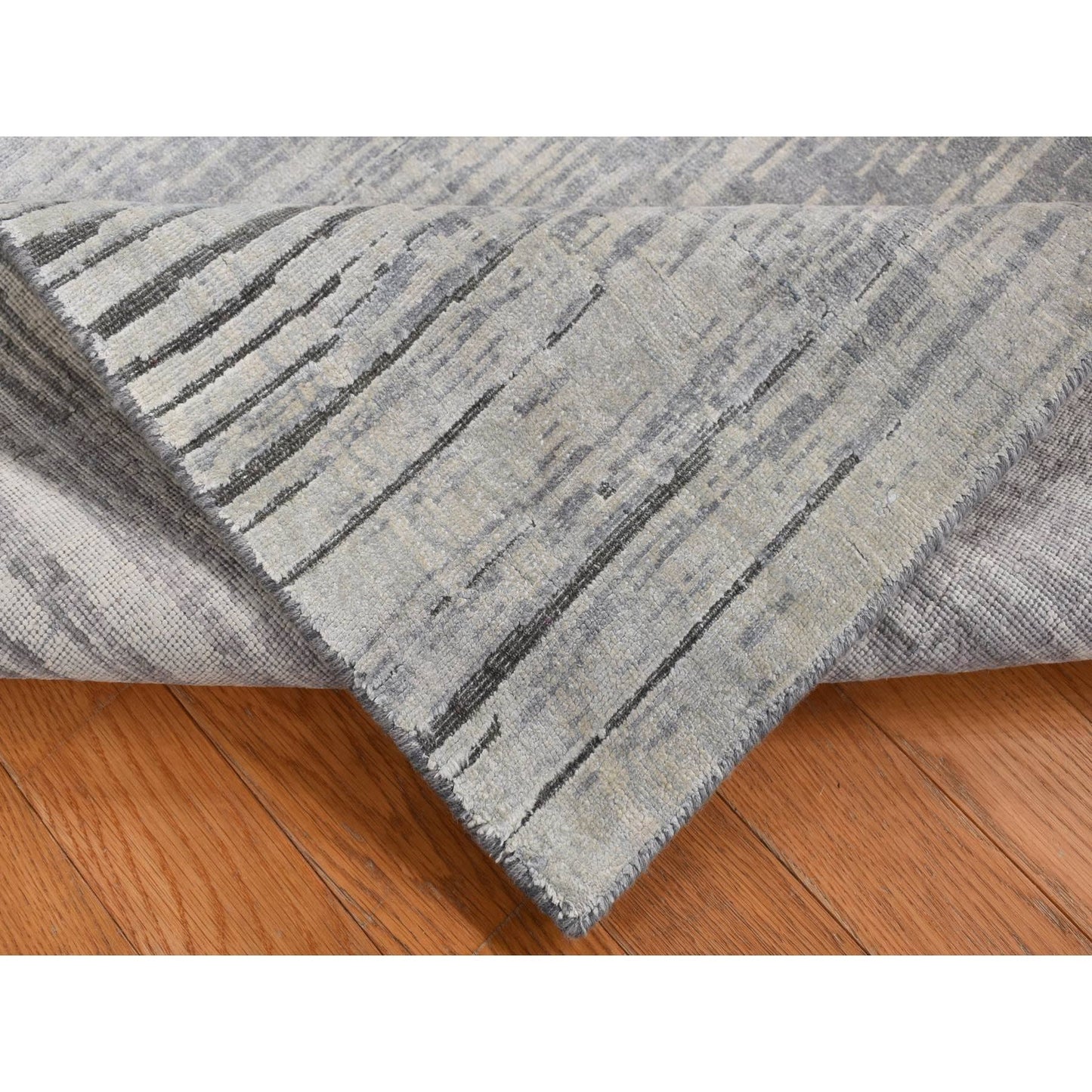 3'X9' Ash Gray Horizontal Ombre Design Pure Silk Hand Knotted Runner Rug