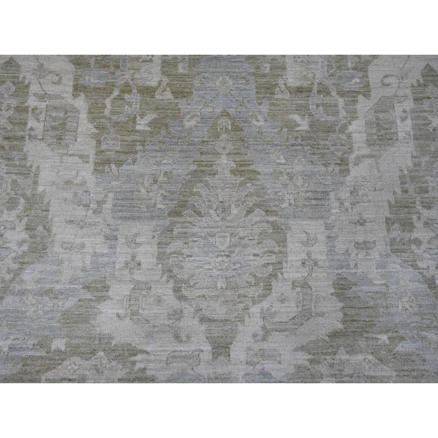 9'X11'9" Green Antiqued Peshawar Mahal Design Hand Knotted Pure Wool Rug