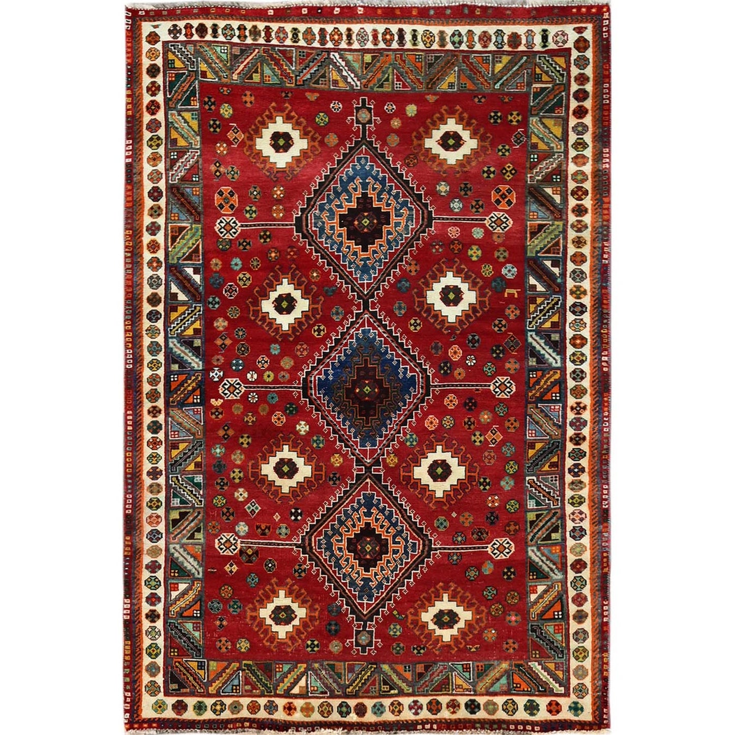 4'1"X6'6" Red Vintage Zoroastrian Geometric Design Hand Knotted Wool Rug