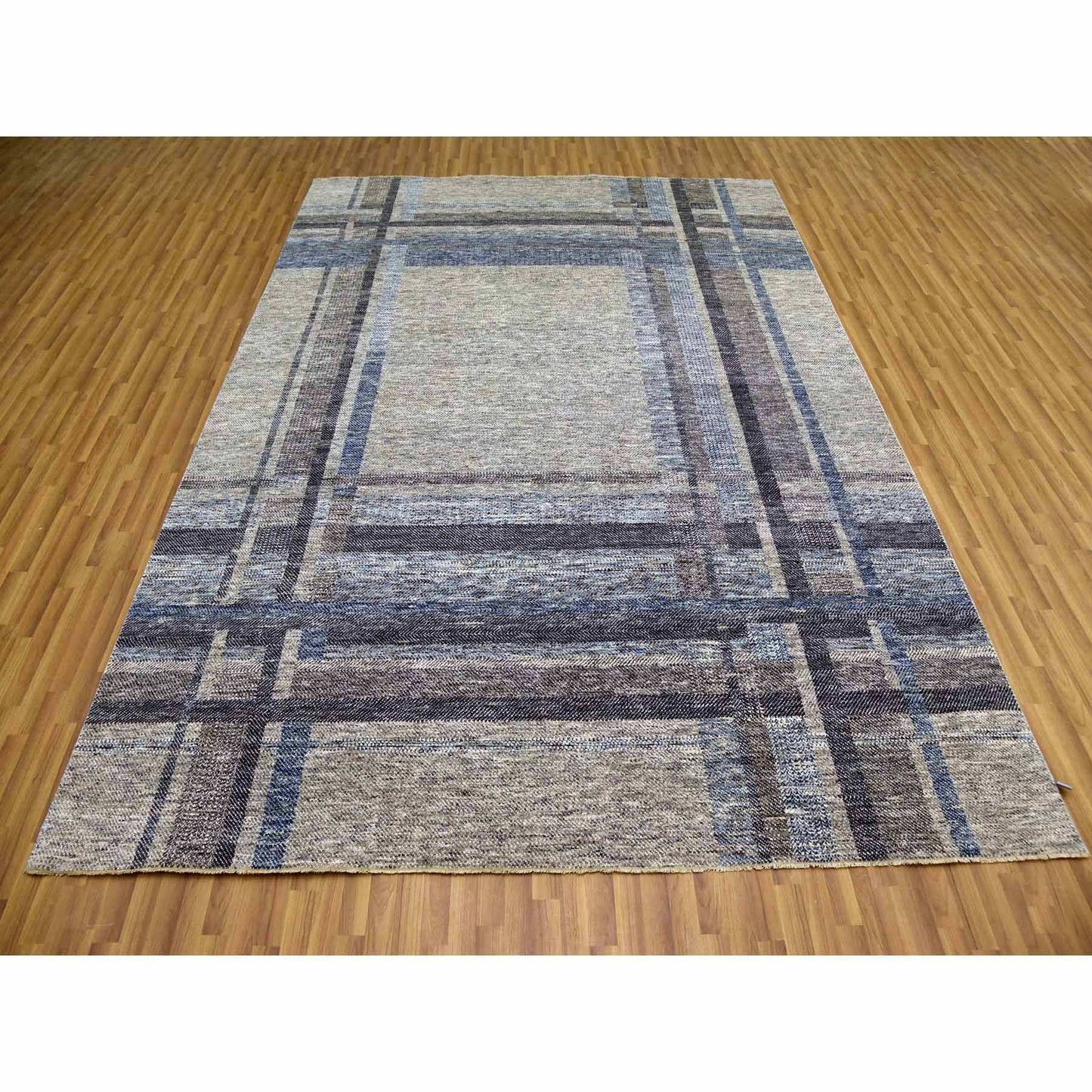 9'X12'1" Gray Geometric Opened Up Plaid Design Wool Hand Knotted Rug