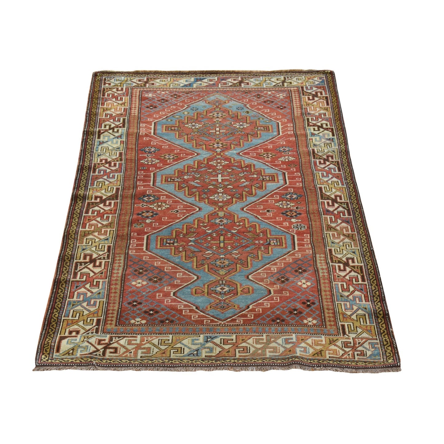 3'10"X5'7" Crimson Red Antique Caucasian Kazak 100% Wool Hand Knotted Rug