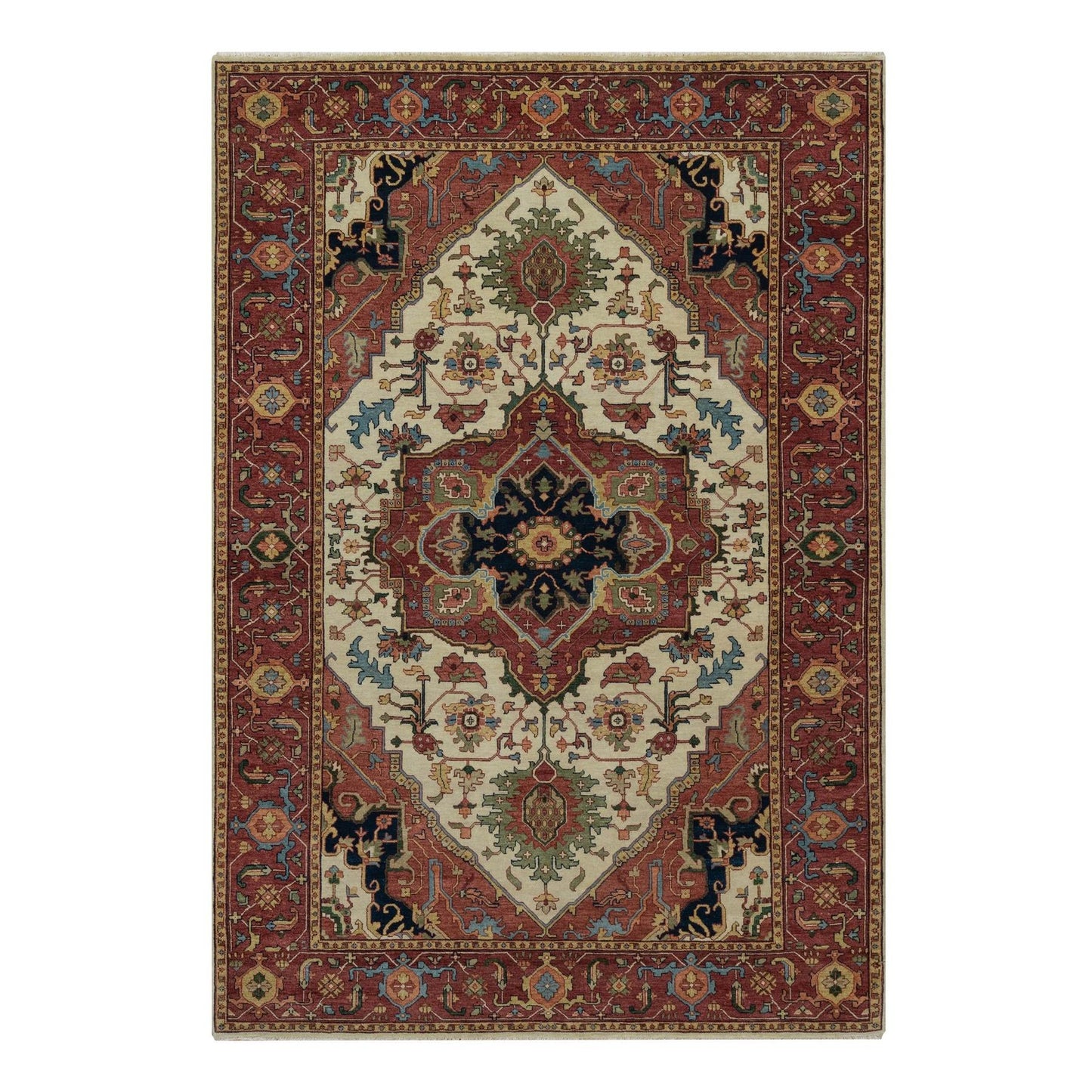 6'2"X9'1" Ivory Antiqued Heris Re-Creation Hand Knotted Soft Wool Rug