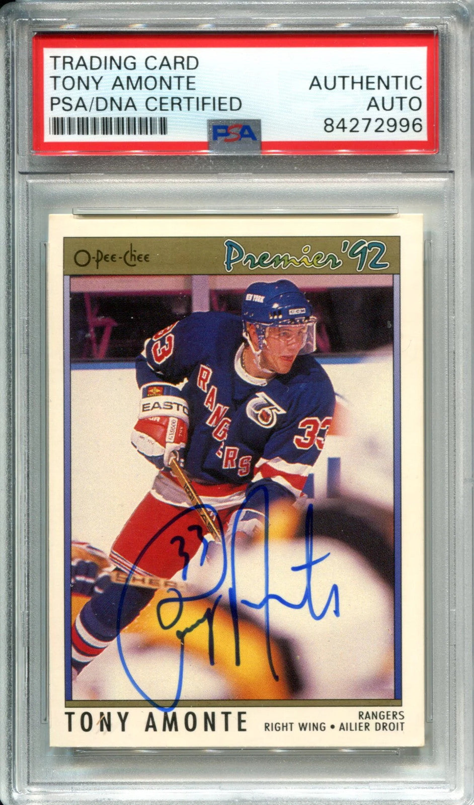 Tony Amonte Autographed 1992 O-Pee-Chee Premier Card (PSA)