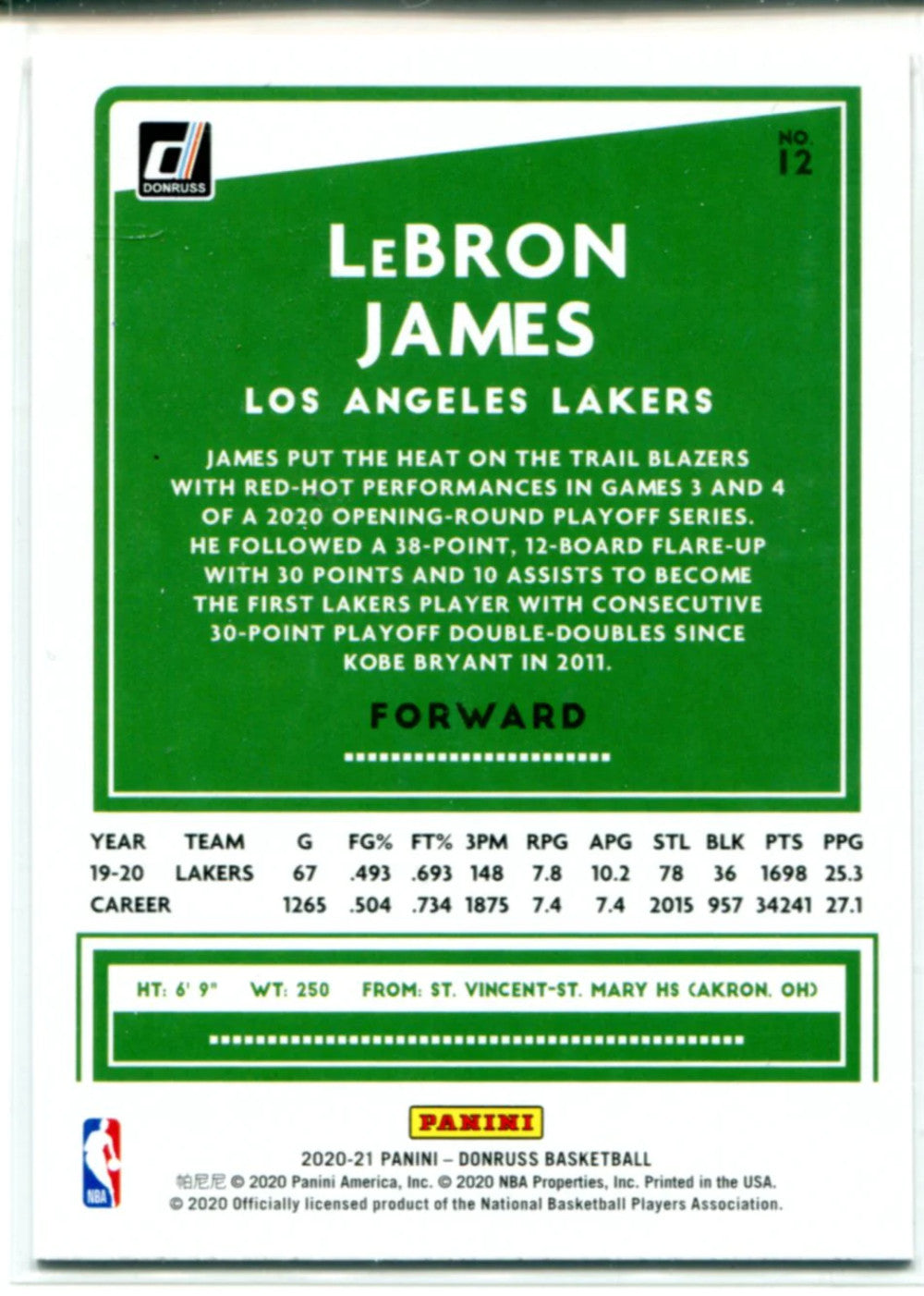 Lebron James 2020-21 Donruss Orange Laser Card #12