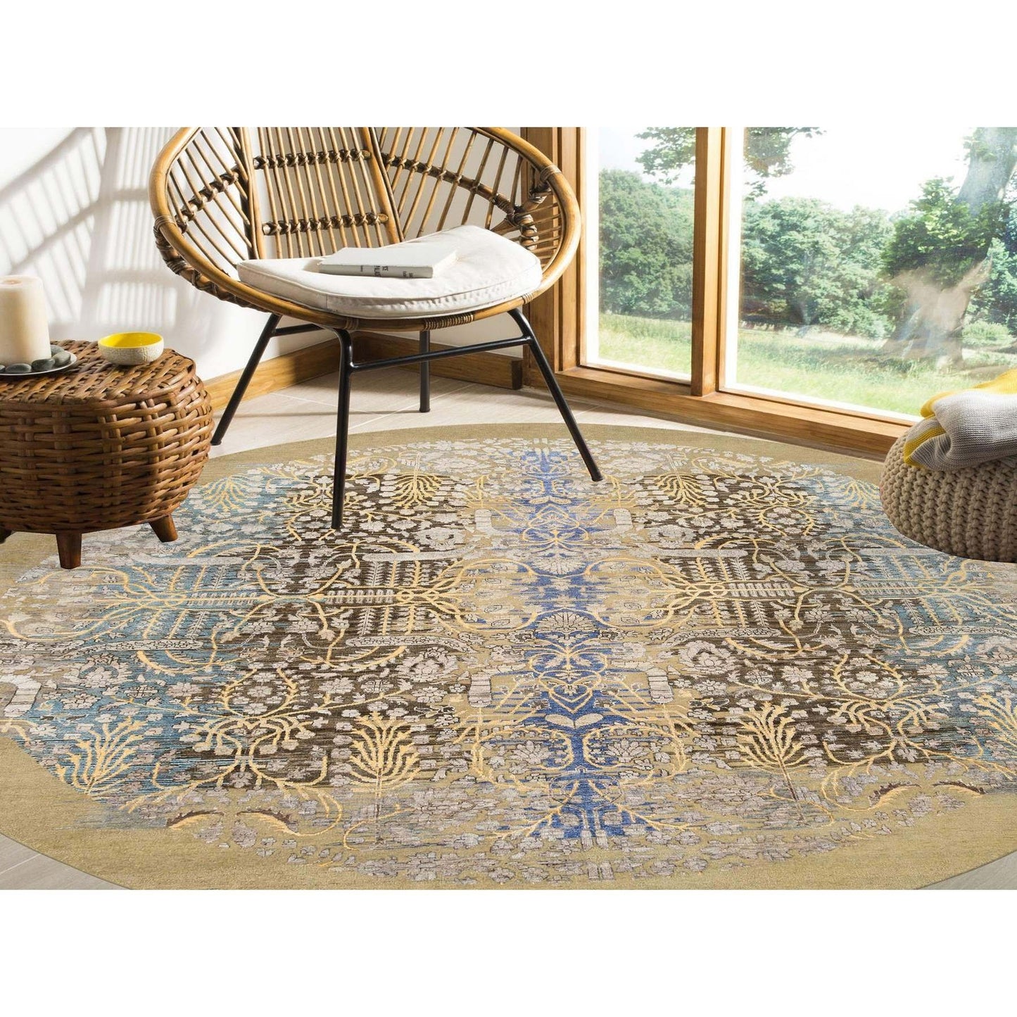 10'X10' Gold Brown Hand Knotted Transitional Sarouk Silk/Wool Round Rug