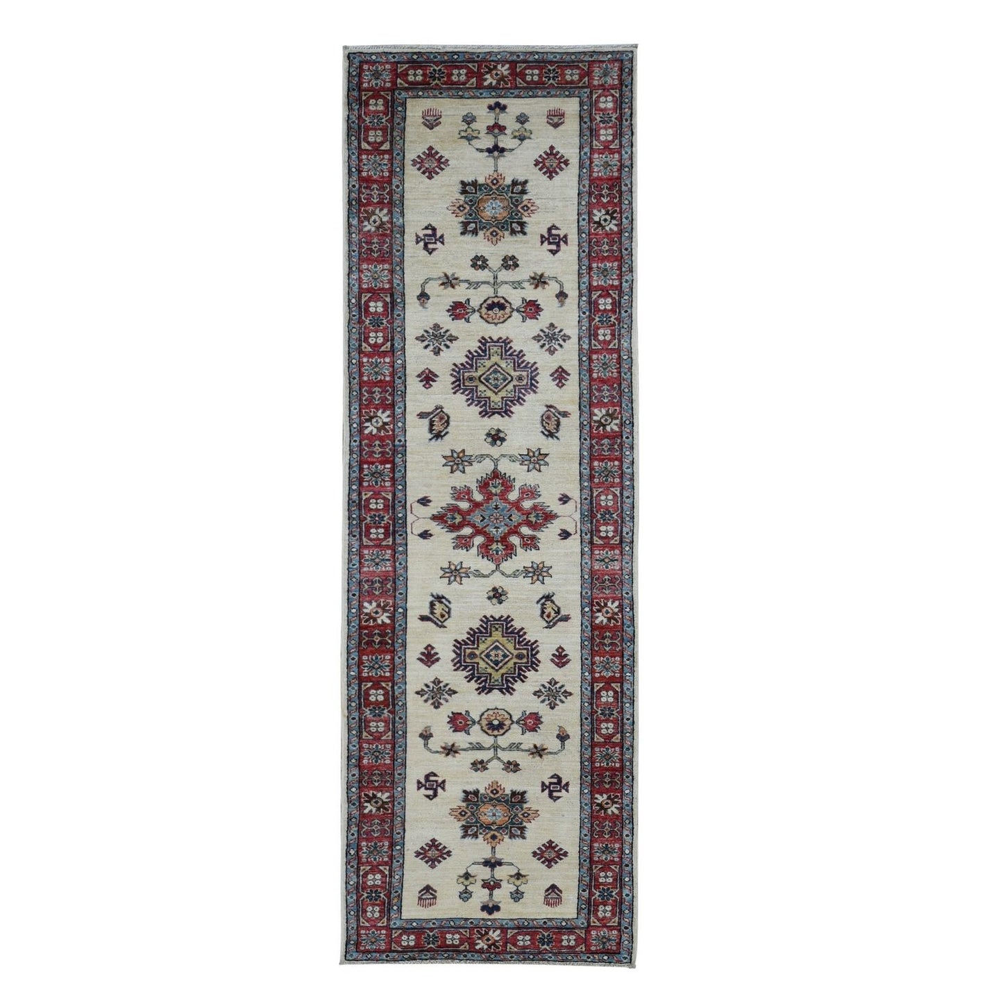 2'9"X8'7" Bone White Afghan Super Kazak Hand Knotted Pure Wool Runner Rug