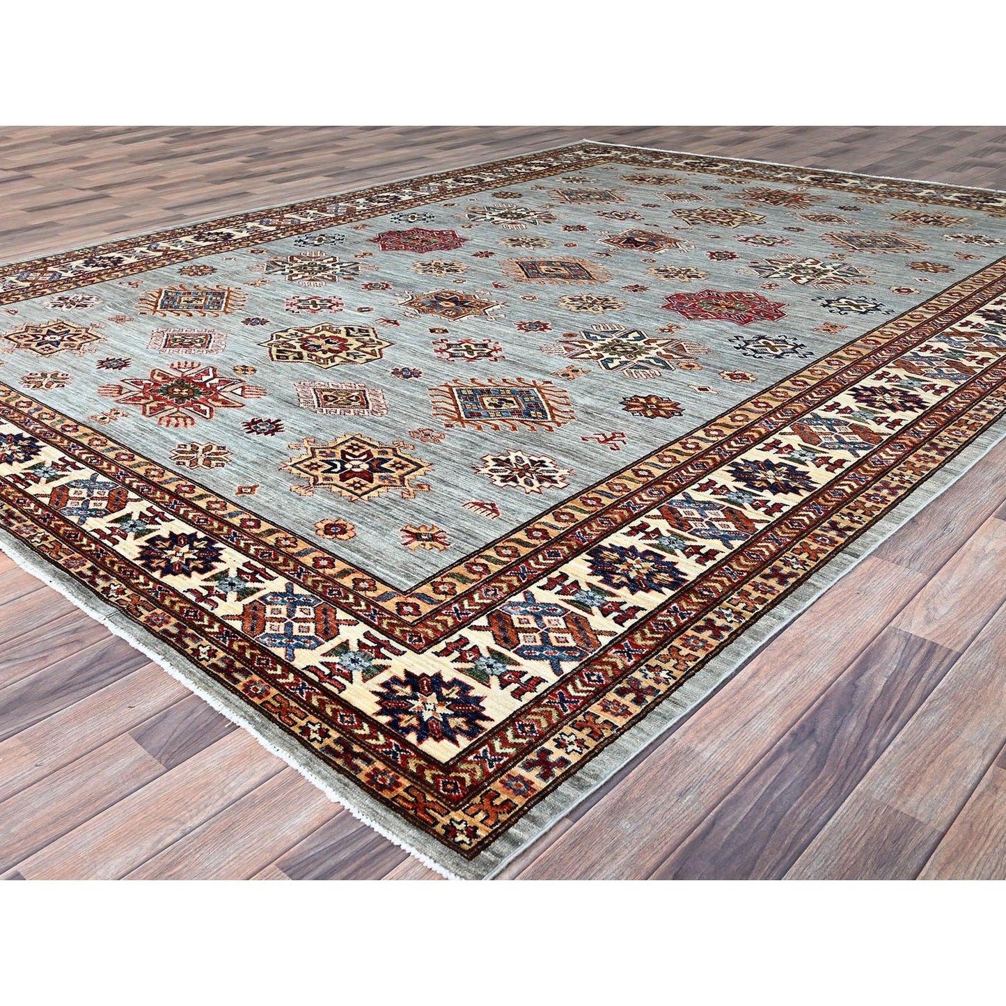 9'X12' Puritan Gray Hand Knotted Soft Wool Super Kazak Oriental Rug