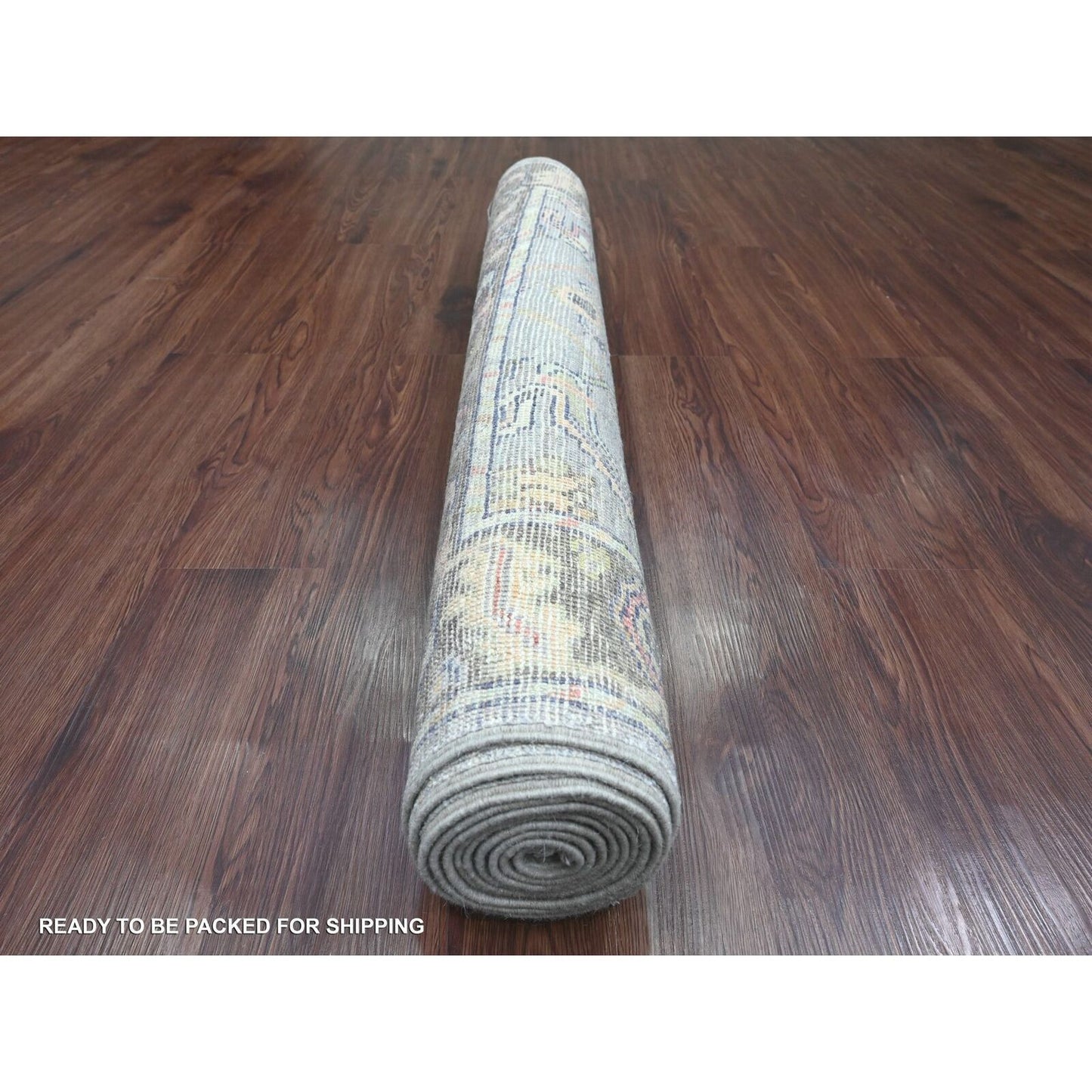 4'X10'1" Gray Angora Oushak Vines Design Hand Knotted All Wool Runner Rug