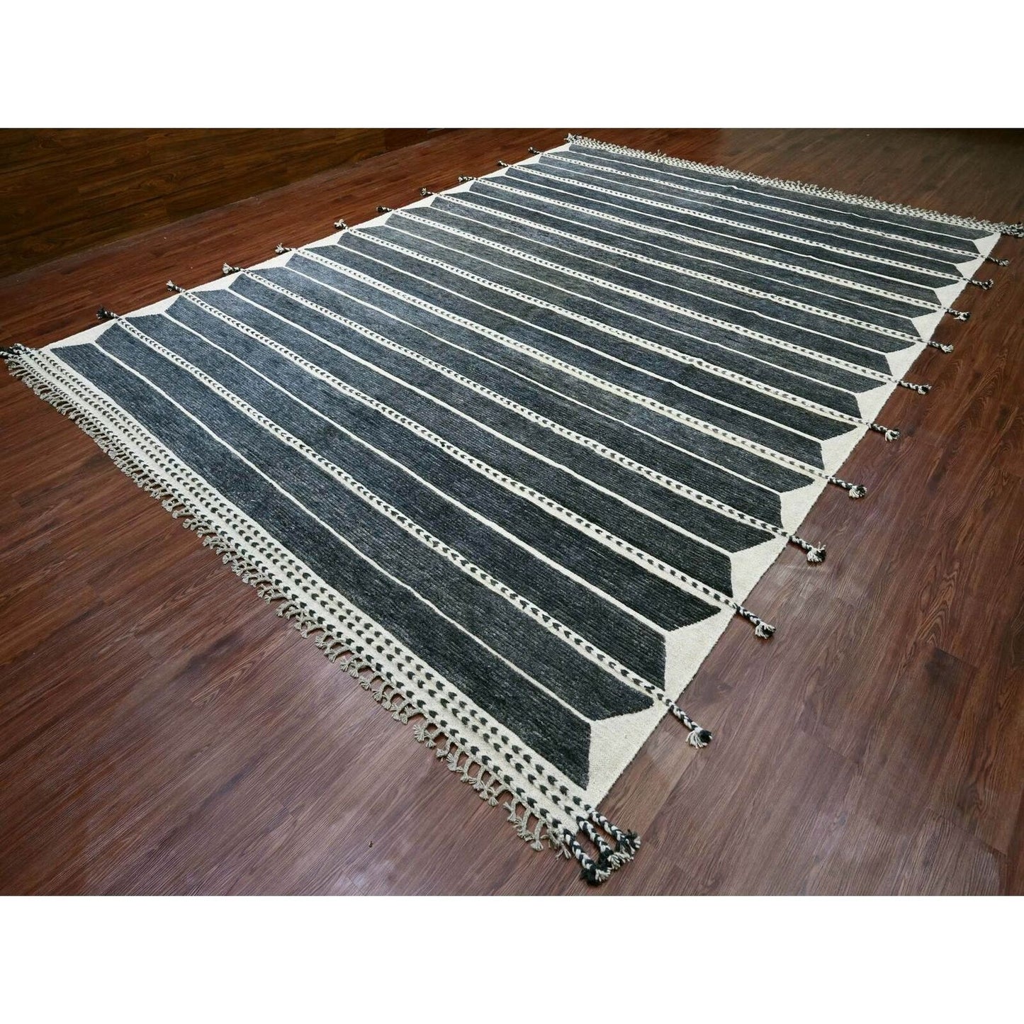 10'4"X14'2" Black Moroccan Weave Line Design Soft Wool Hand Knotted Rug