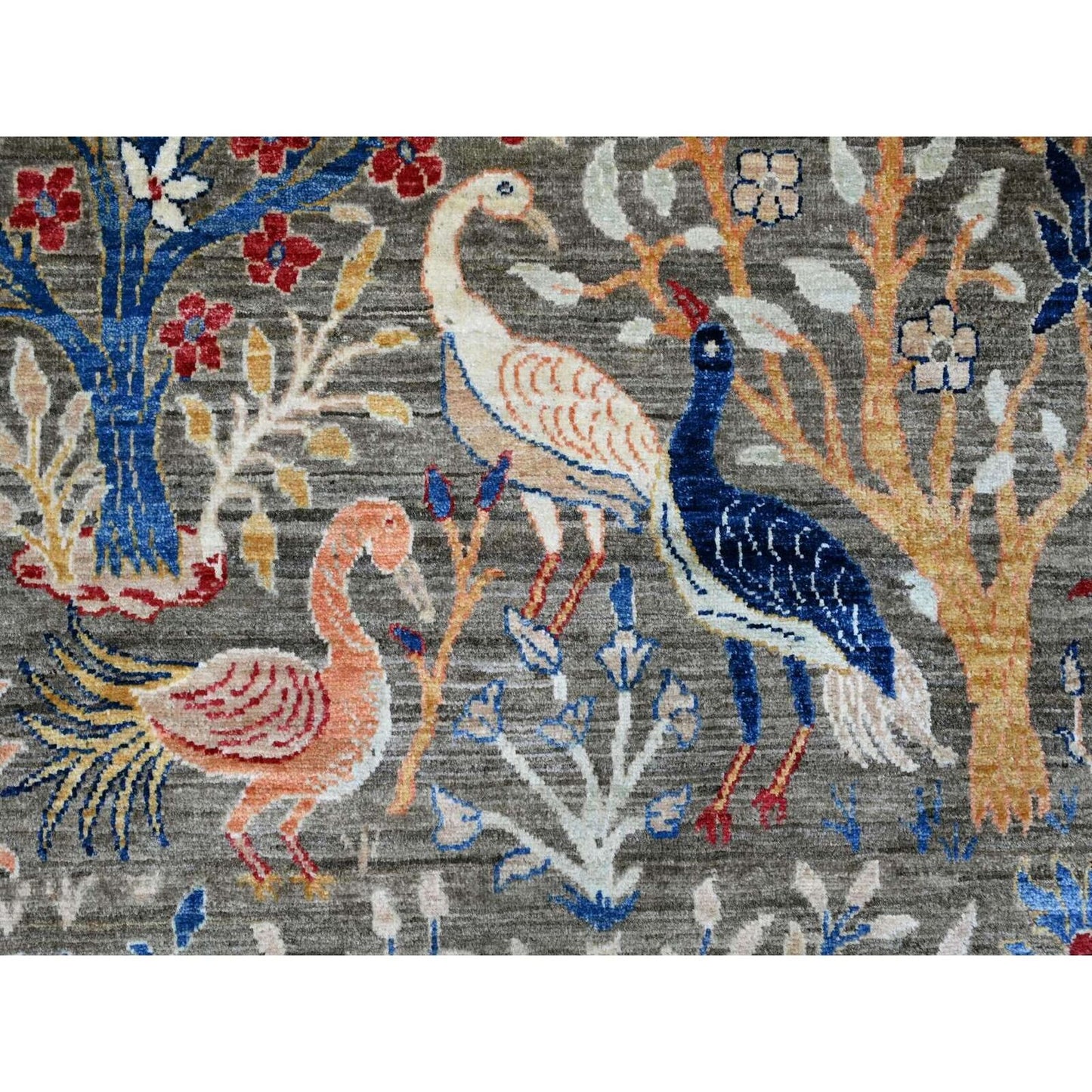 10'X13'6" Gray Hand Knotted Afghan Peshawar Birds Design Soft Wool Rug