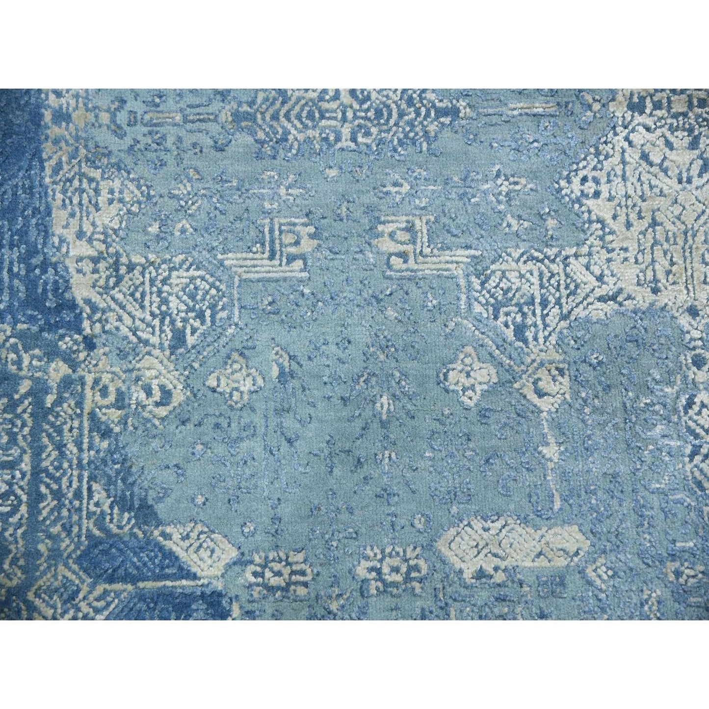 10'2"X10'2" Blue, Hand Knotted Jewellery Design, Wool And Silk Square Rug