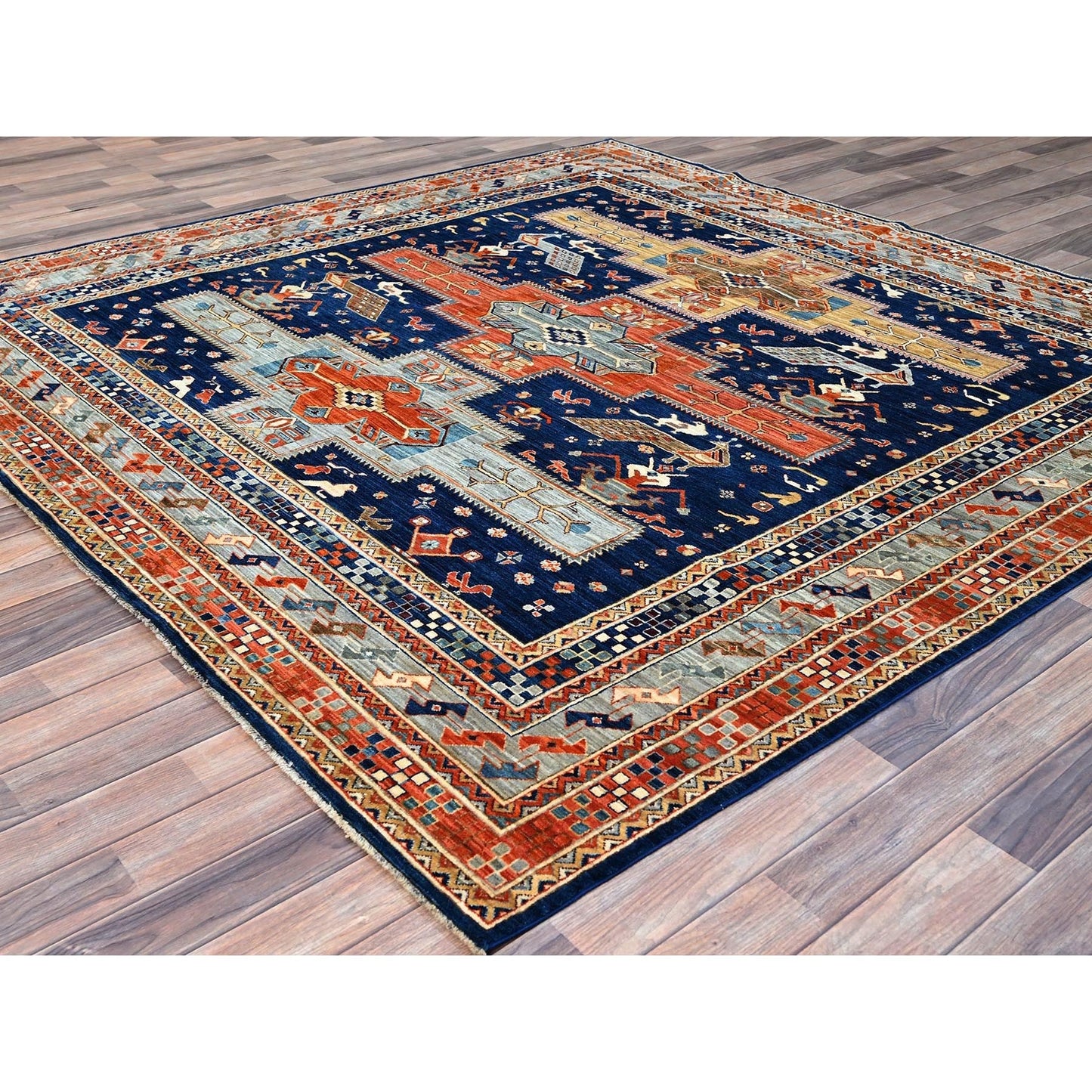 8'X7'10" Blue Armenian Inspired Caucasian Design Square Oriental Rug