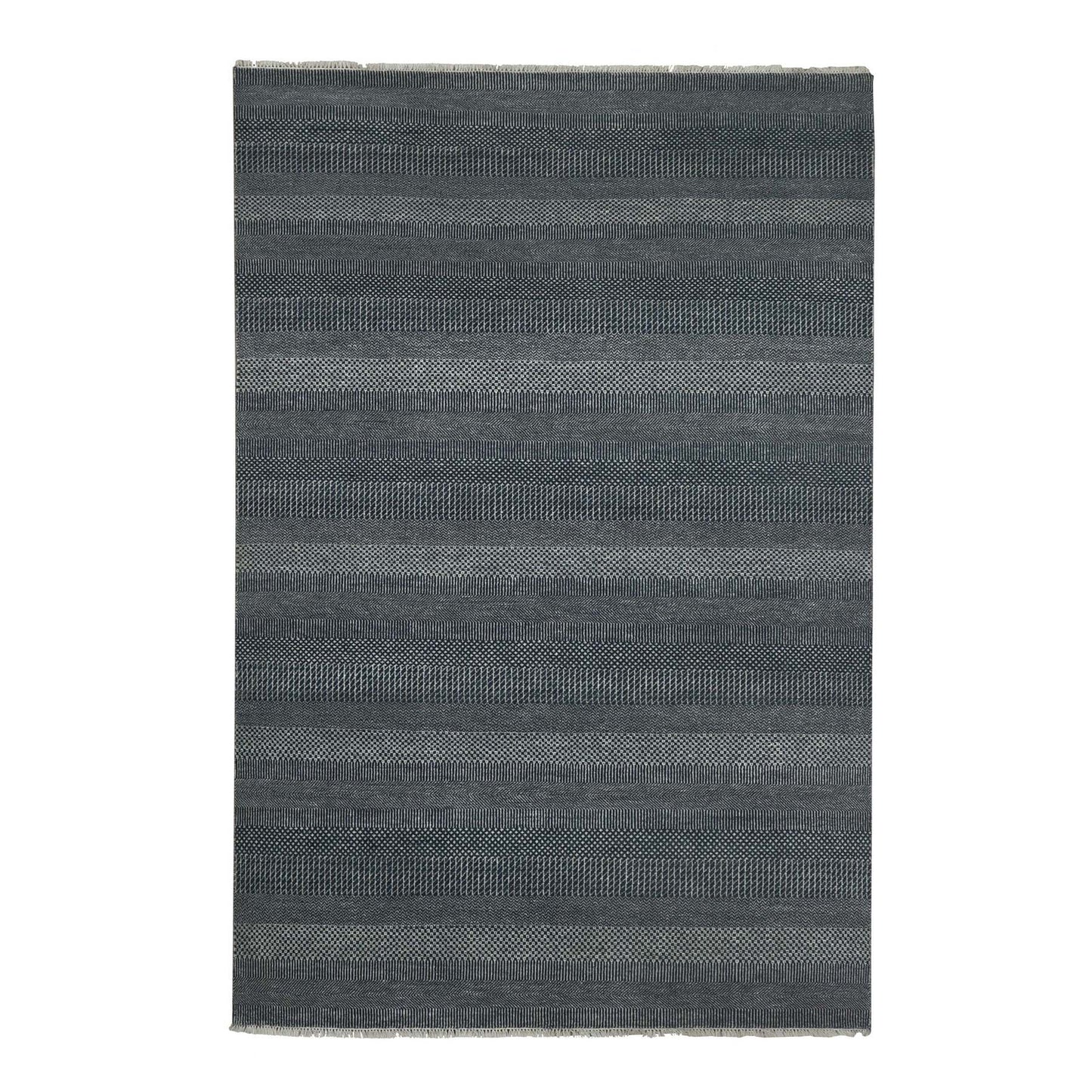 6'X9' Yankees Blue Wool And Silk Hand Knotted Grass Design Rug