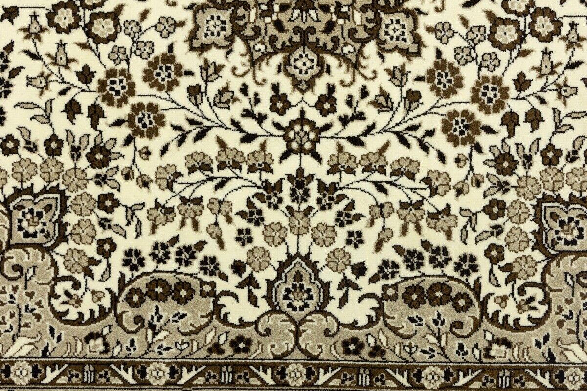 Hand-Knotted Kirman Square Rug Cream Floral Wool