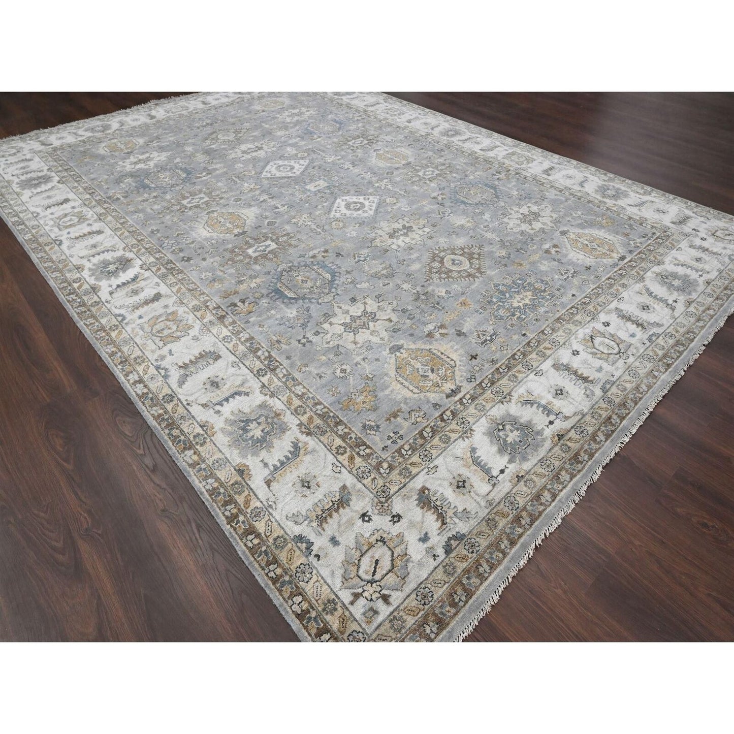 10'X13'9" Rainer Gray Karajeh Geometric Design Hand Knotted 100% Wool Rug