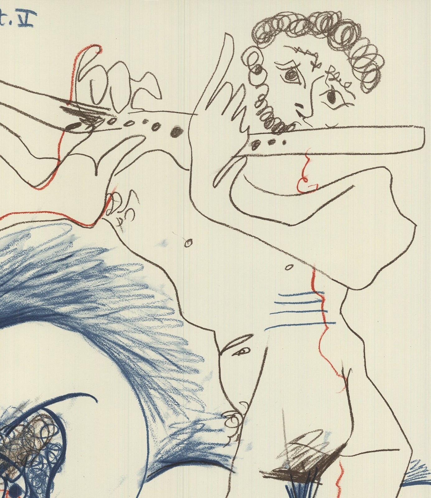 Pablo Picasso The Flutiste " Lithograph Cubism Blue Green Whit