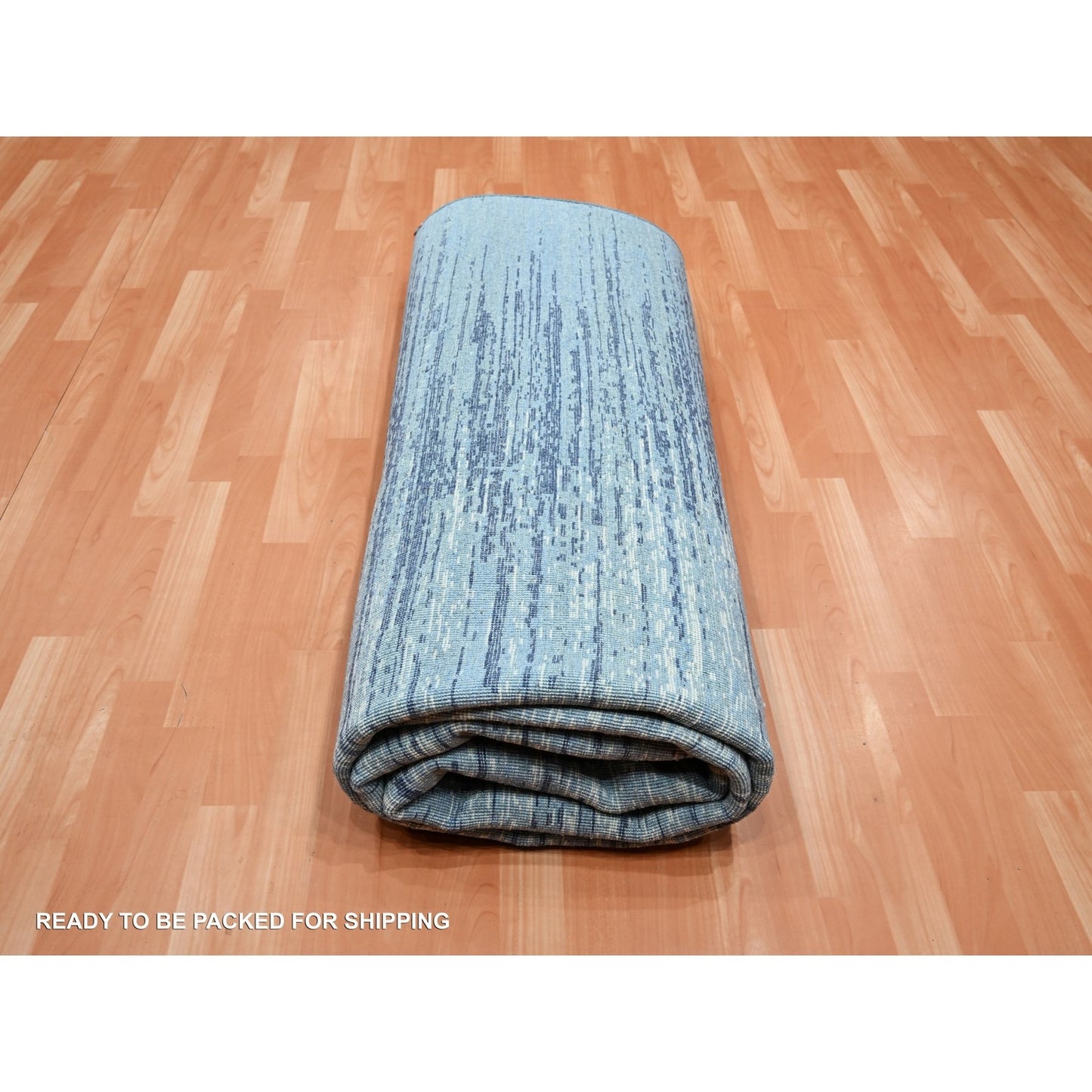 8'1"X10'4" Denim Blue Horizontal Ombre Design Pure Wool Hand Knotted Rug