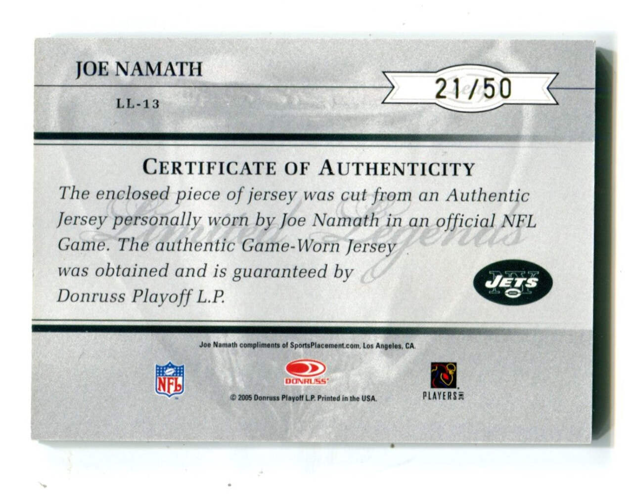 Joe Namath 2005 Donruss Playofff Limited Legends Jersey Card #Lll13 /50