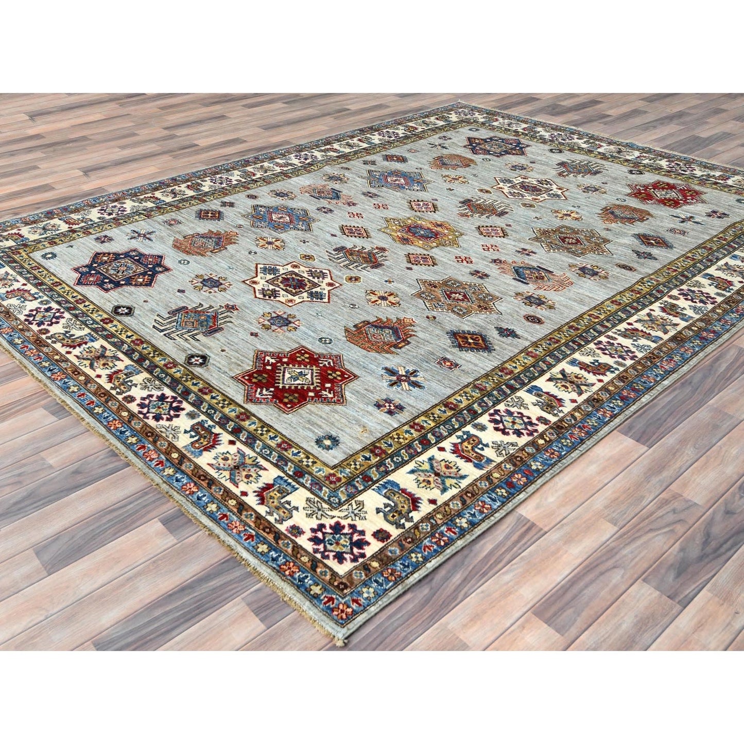 7'10"X9'10" Silver Blue Afghan Super Kazak Natural Wool Hand Knotted Rug