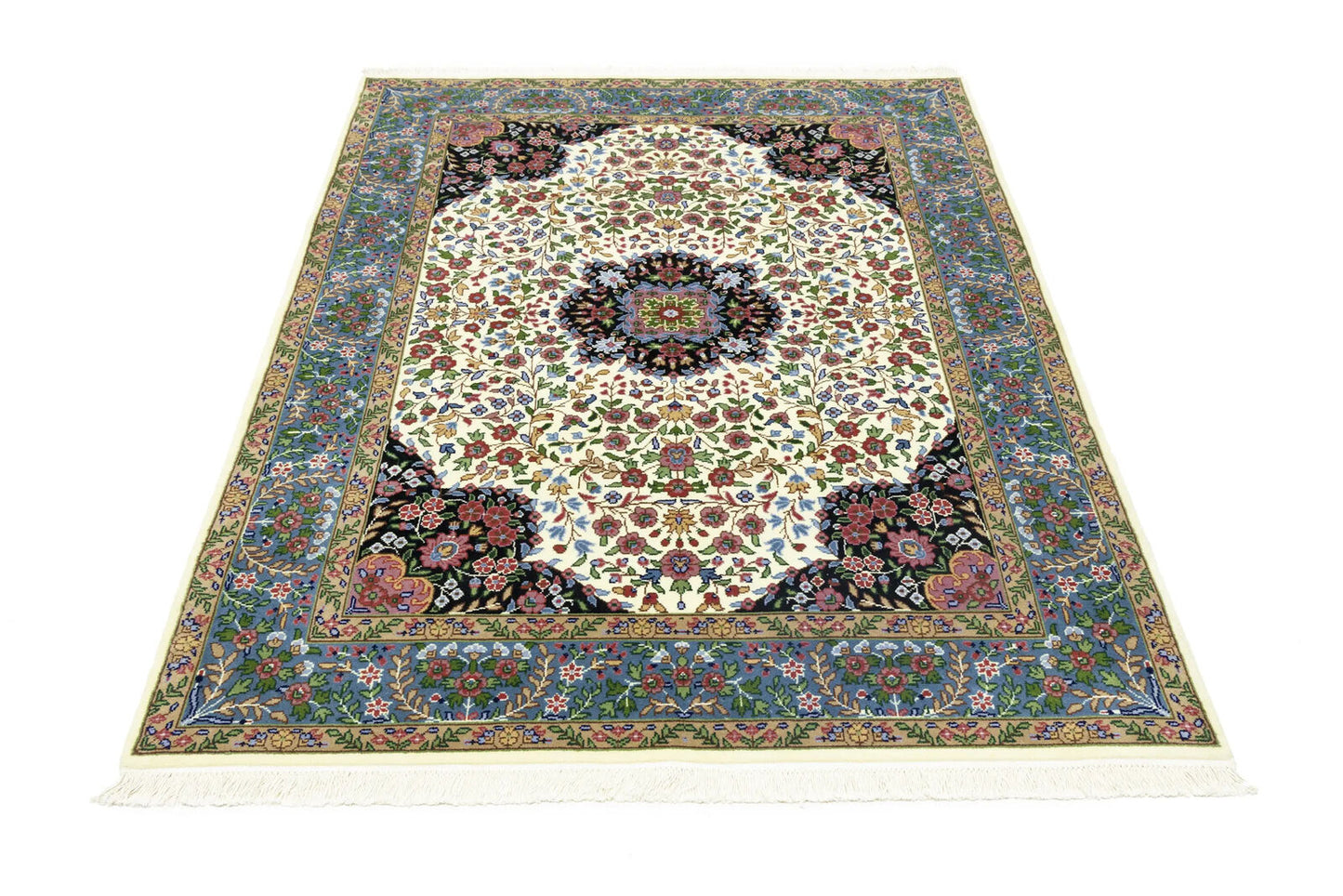 Handmade Kirman Oriental Rug Cream & Blue Floral