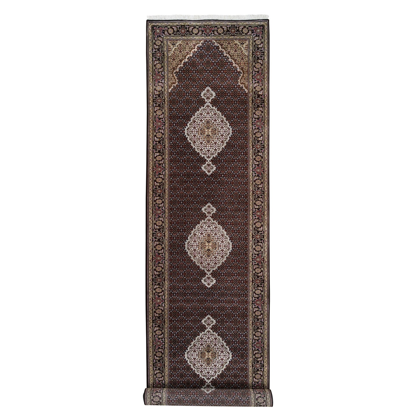 4'2"X20' Hand Knotted Wool And Silk Black Tebraz Mahi Wide Xl Runner Rug