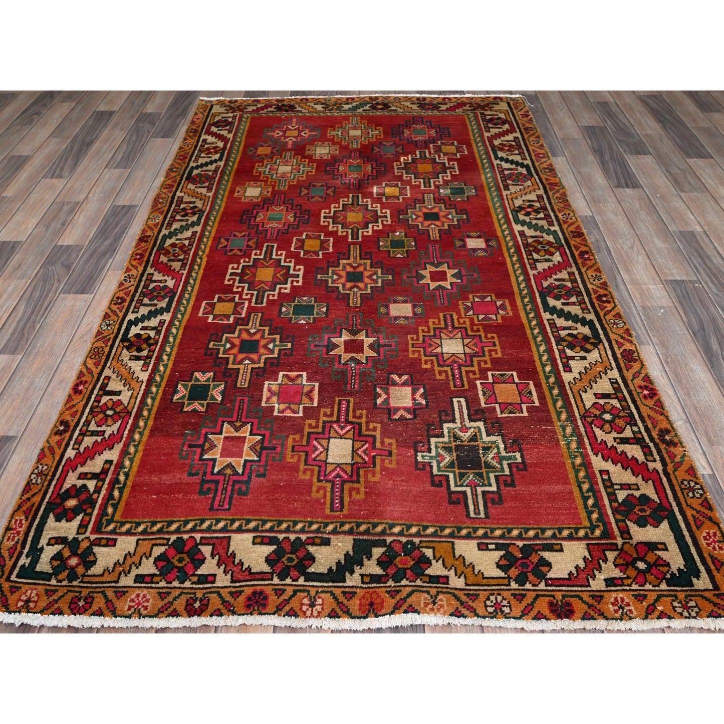 4'4"X7'4" Red Vintage Zoroastrian Caucasian Gul Design Knotted Wool Rug