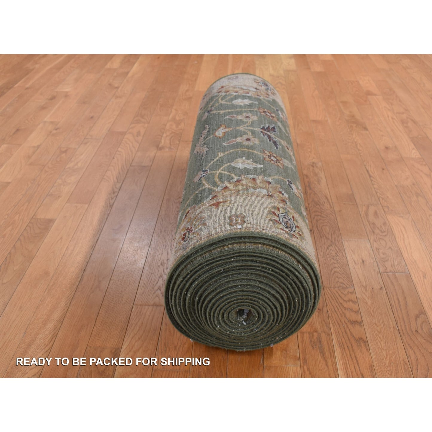 3'6"X32'2" Moss Green Pure Wool Hard Twist Agra Runner Hand Knotted Rug