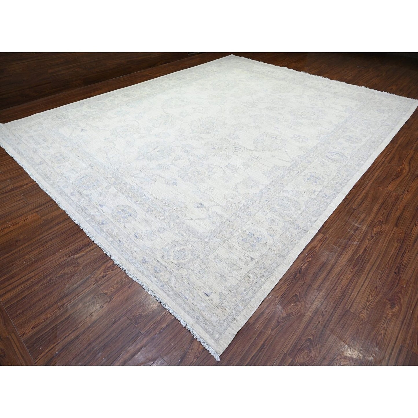 11'8"X15' Dove White Wool White Wash Peshawar Hand Knotted Oversized Rug