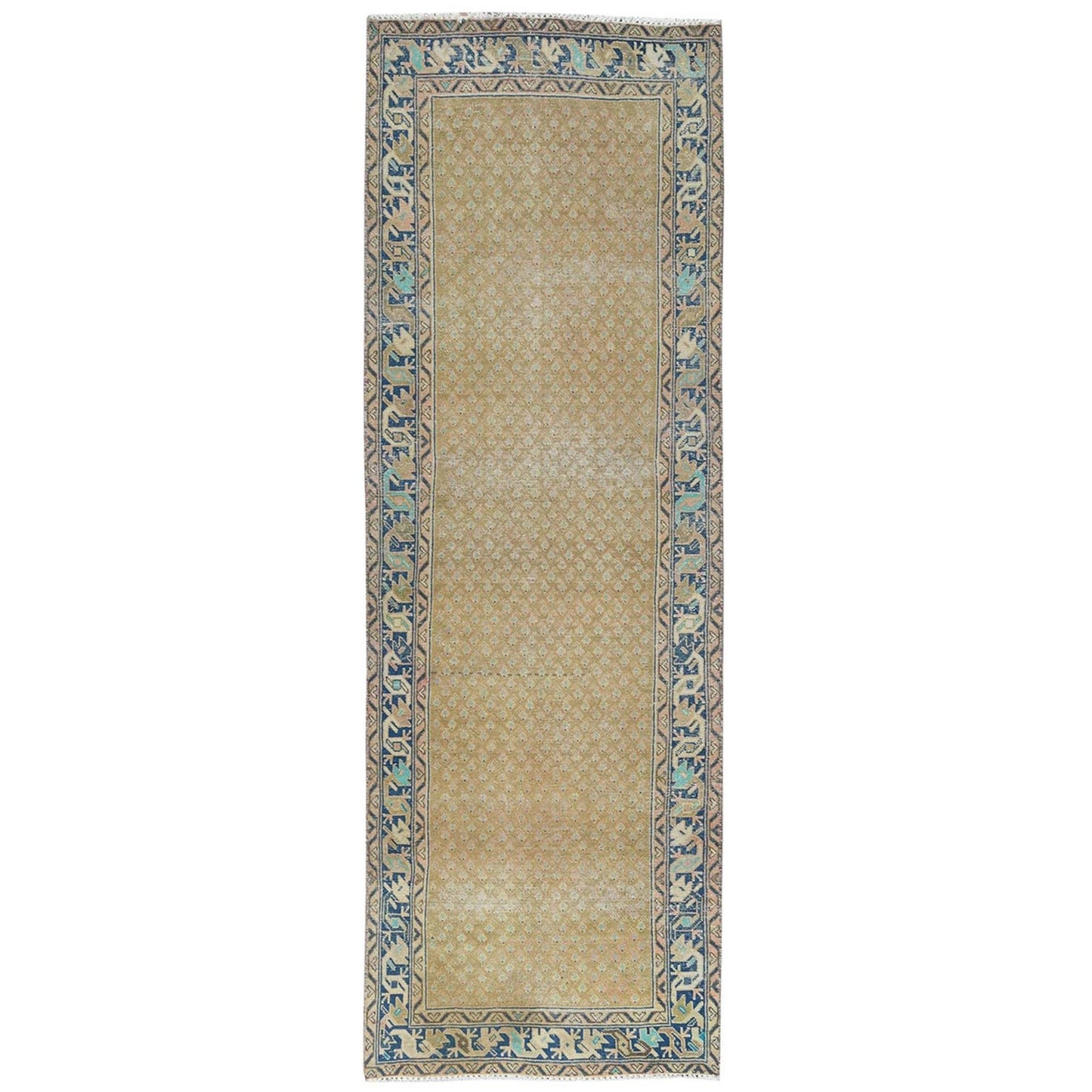 3'3"X9'9" Mocha Brown Vintage Farsian Serrib Hand Knotted Wool Runner Rug