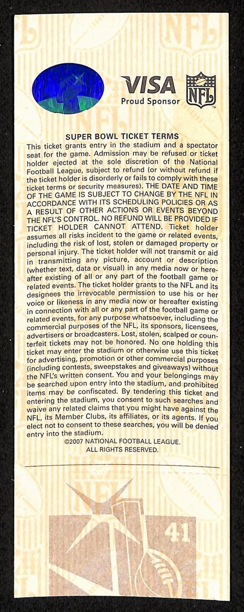 2007 Super Bowl Xli 41 Full Unused Mint Authentic Ticket Colts Vs. Bears 198886