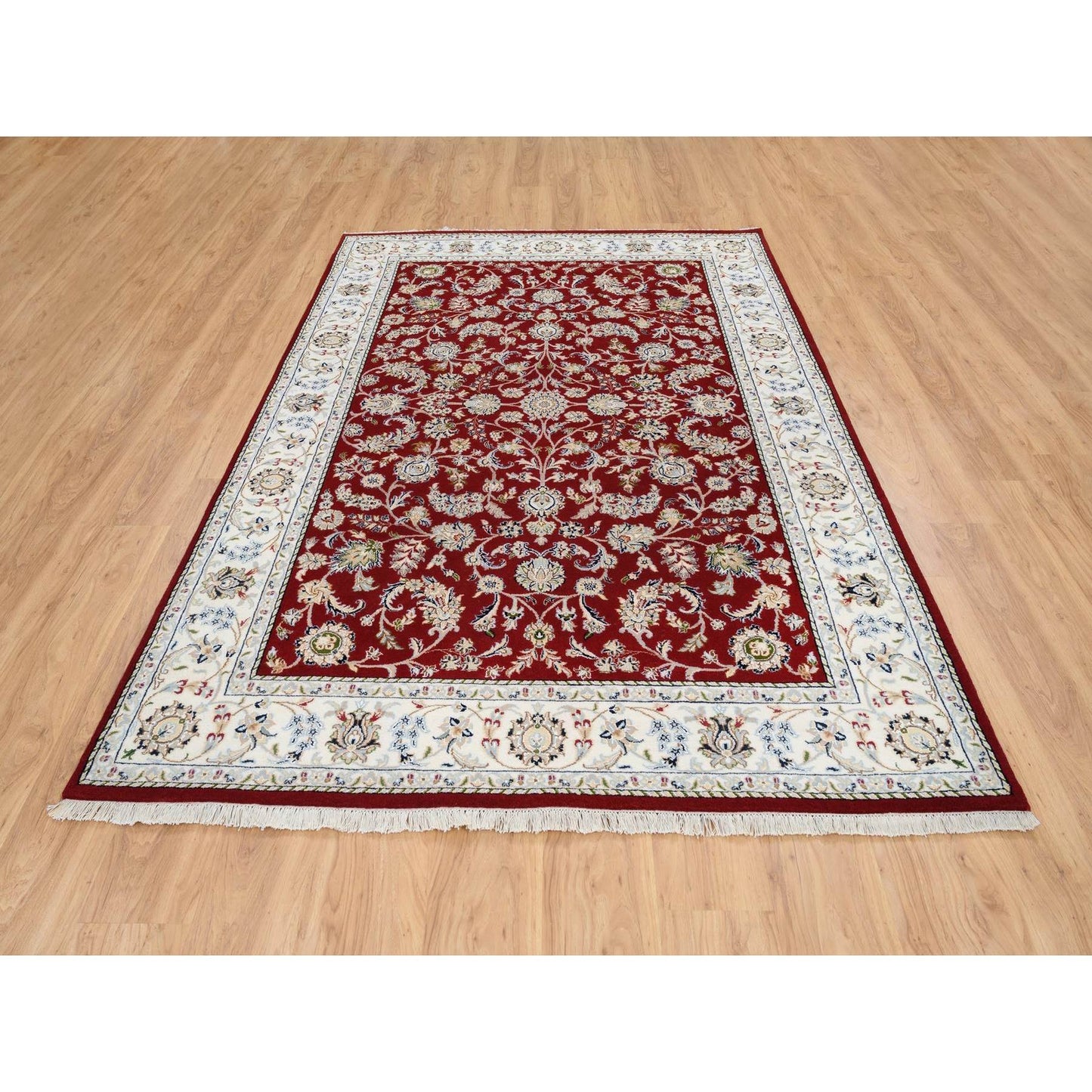 6'X8'10" Cherry Red Nain Flower Design 250 Kpsi Wool Hand Knotted Rug