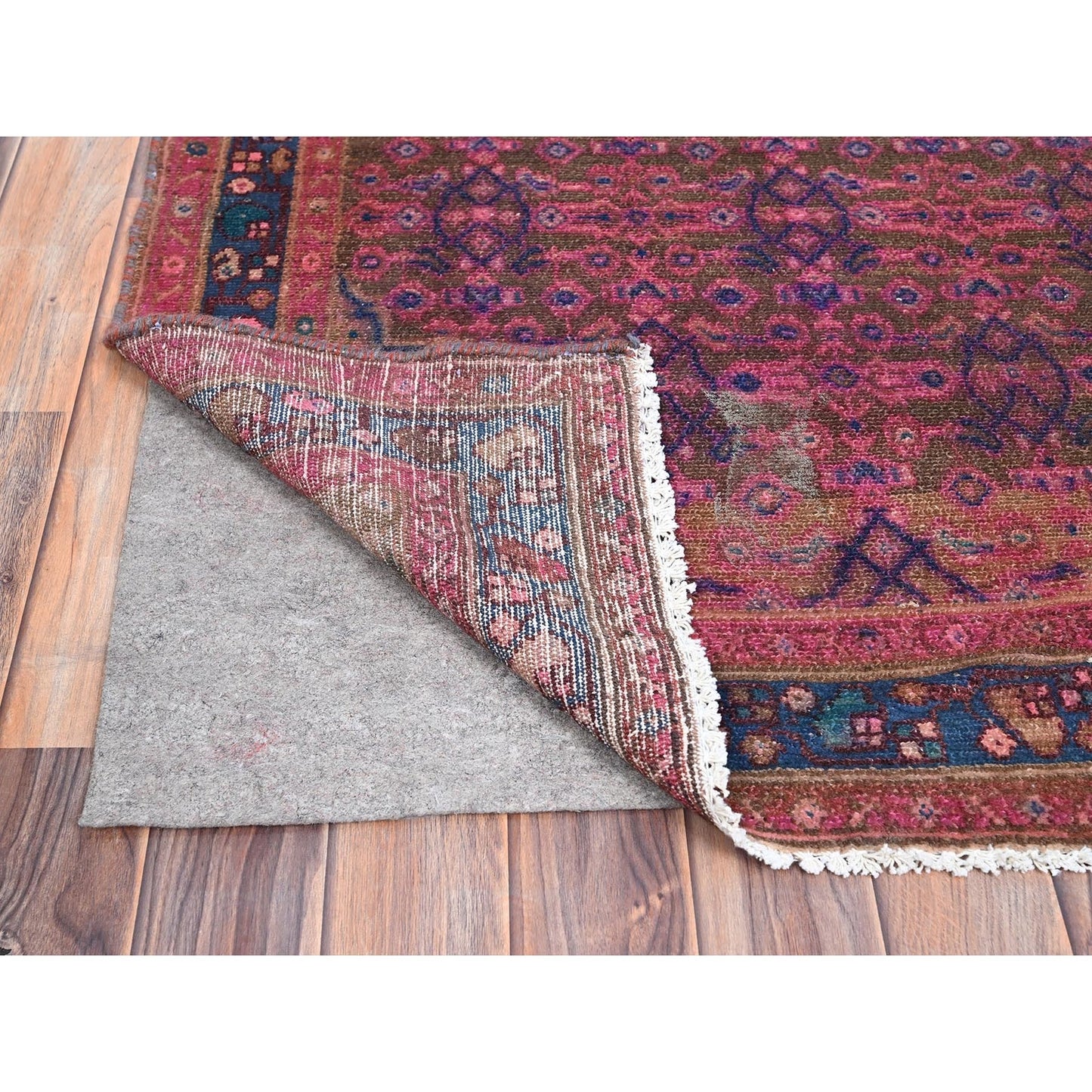 3'4"X10'8" Purple Overdyed Hand Knotted Old Hamadan Wide Long Runner Rug
