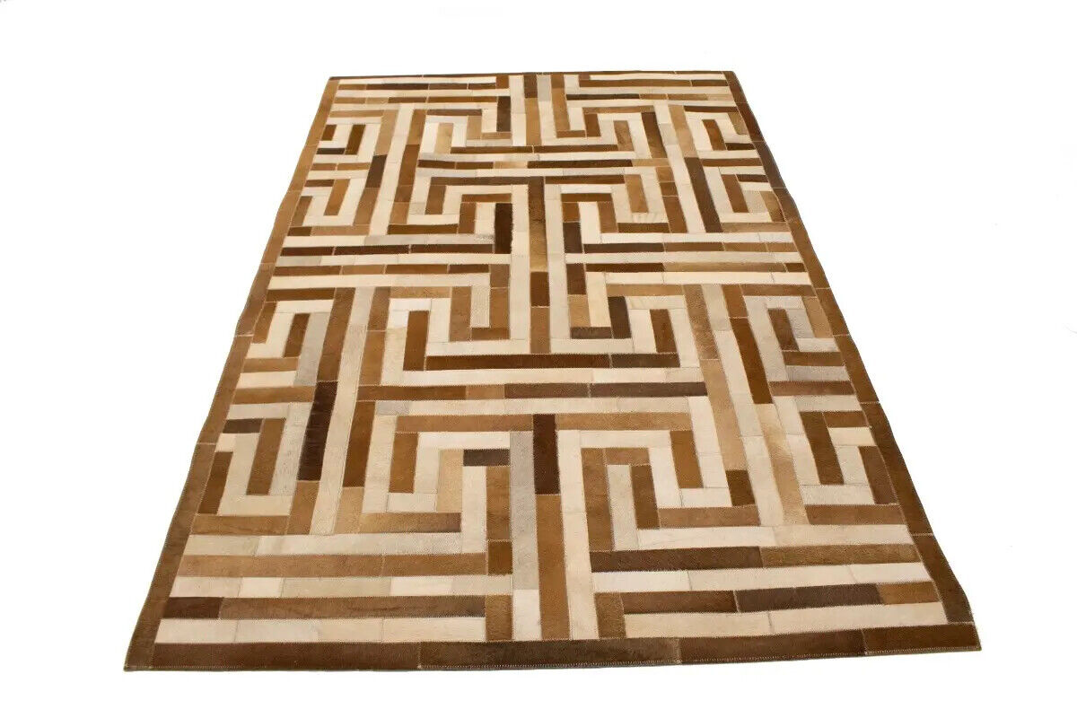 Handcrafted Brown Beige Cowhide Leather Rug