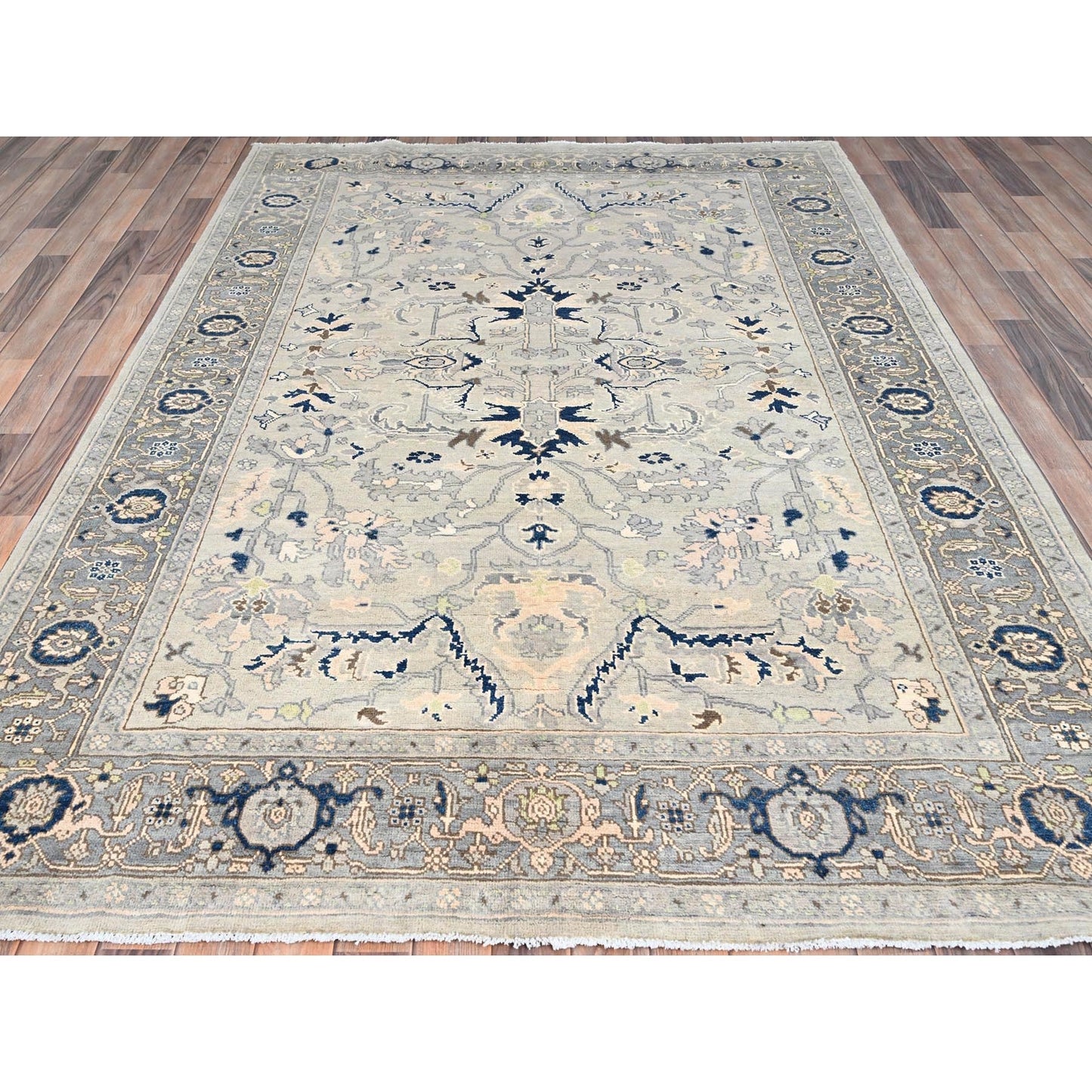 6'2"X8'10" Grey Seeripe Heris Design Soft Wool Hand Knotted Oriental Rug