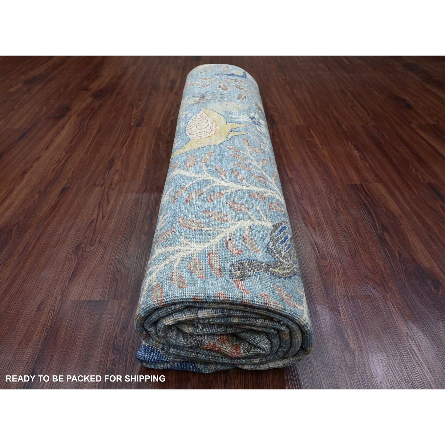 8'X10'1" Yonder Blue Afghan Peshawar Birds Design Hand Knotted Wool Rug