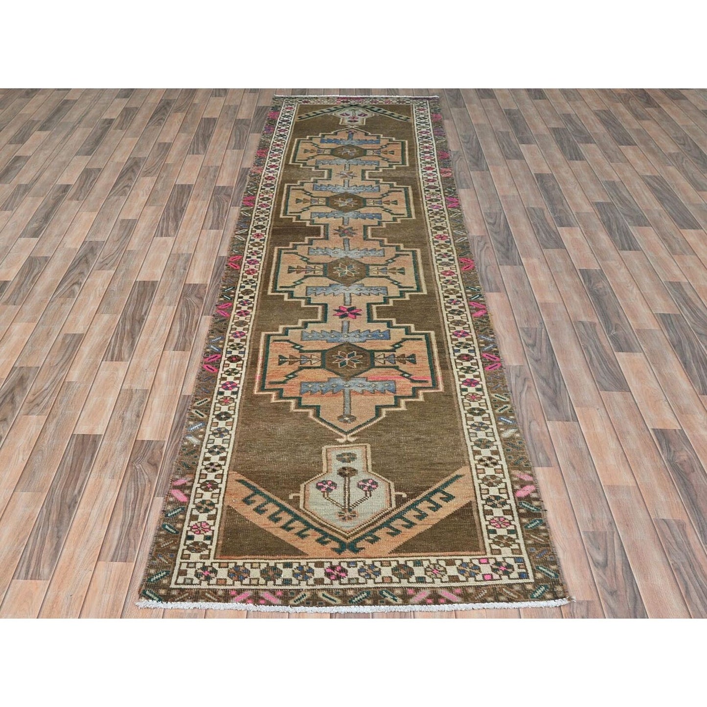 3'3"X12'10" Brown Vintage Northwest Farsian Hand Knotted Wool Runner Rug