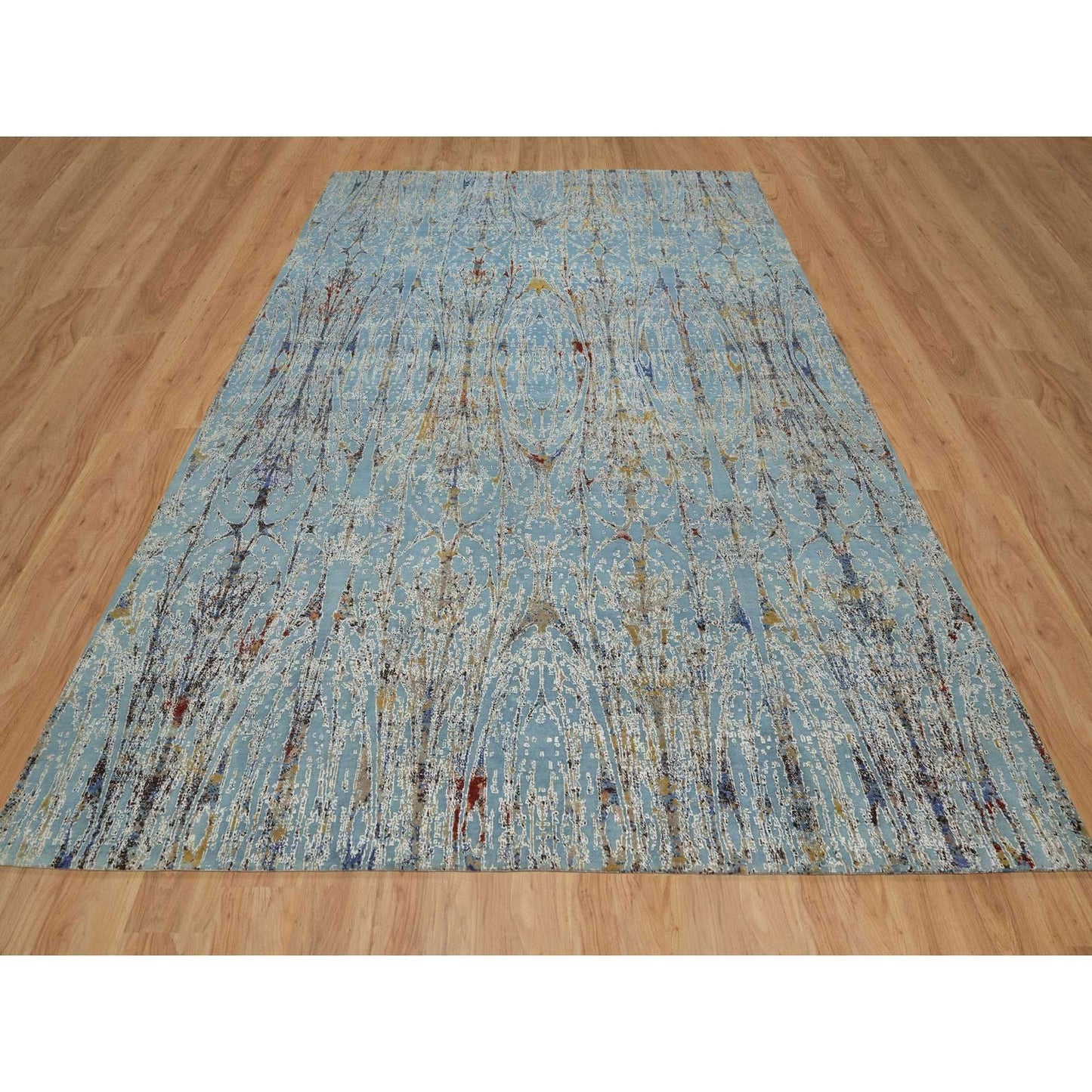 9'1"X12' Blue Modern Bamboo Cane Design Wool And Silk Hand Knotted Rug