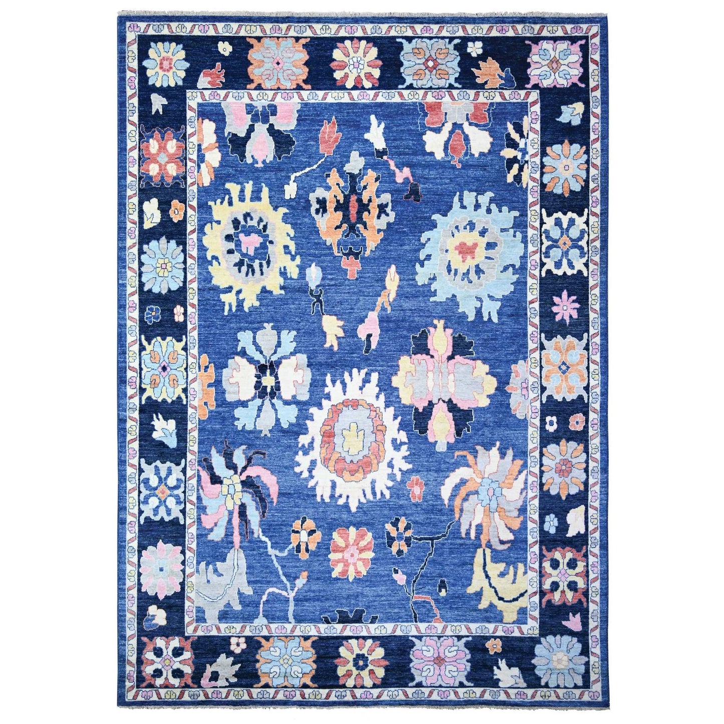 10'X13'9" Blue Hand Knotted Afghan Angora Oushak Extra Soft Wool Rug