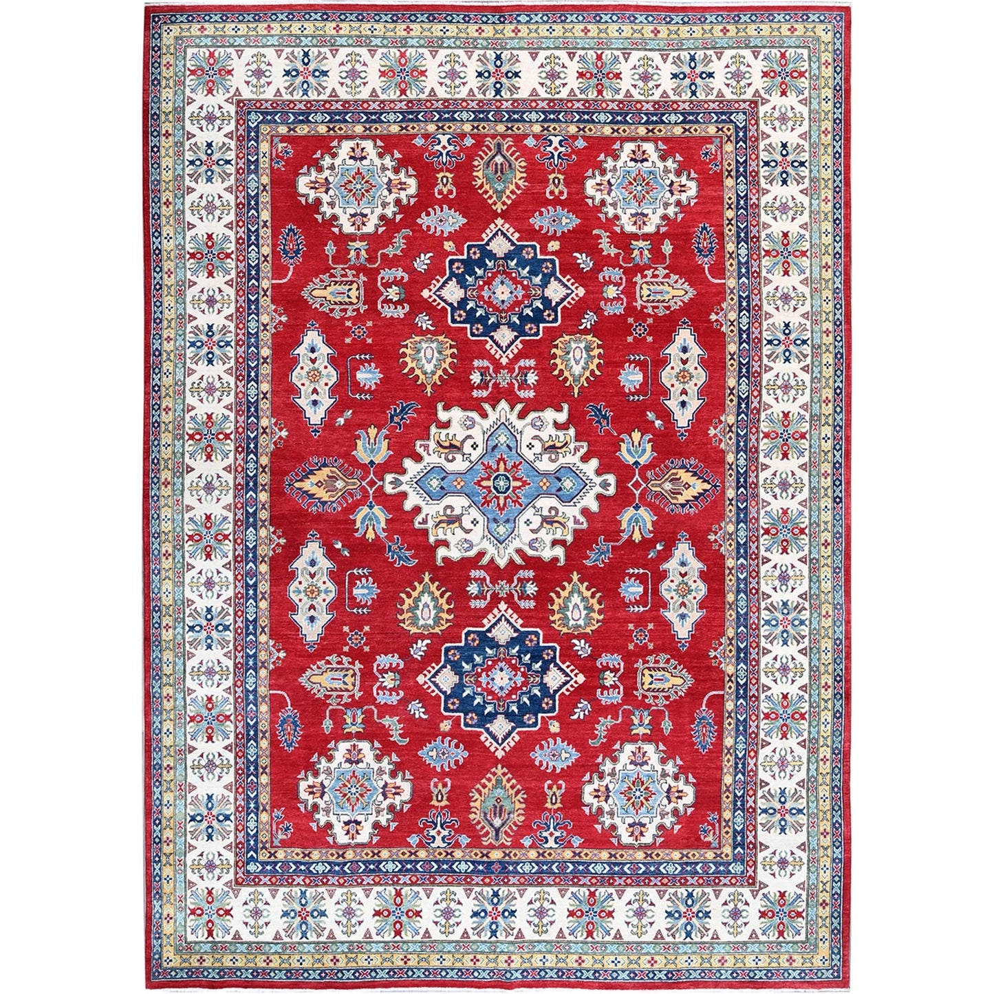 9'9"X14' Red Kazak With Tribal Medallions Design Hand Knotted Soft Wool Rug
