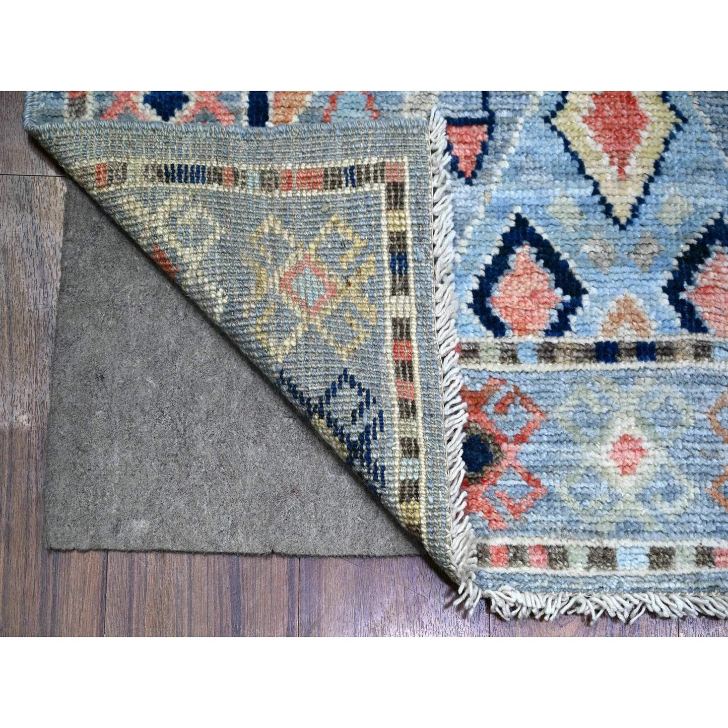 3'2"X10'2" Arctic Blue Hand Knotted Village Inspired Shiny Wool Rug