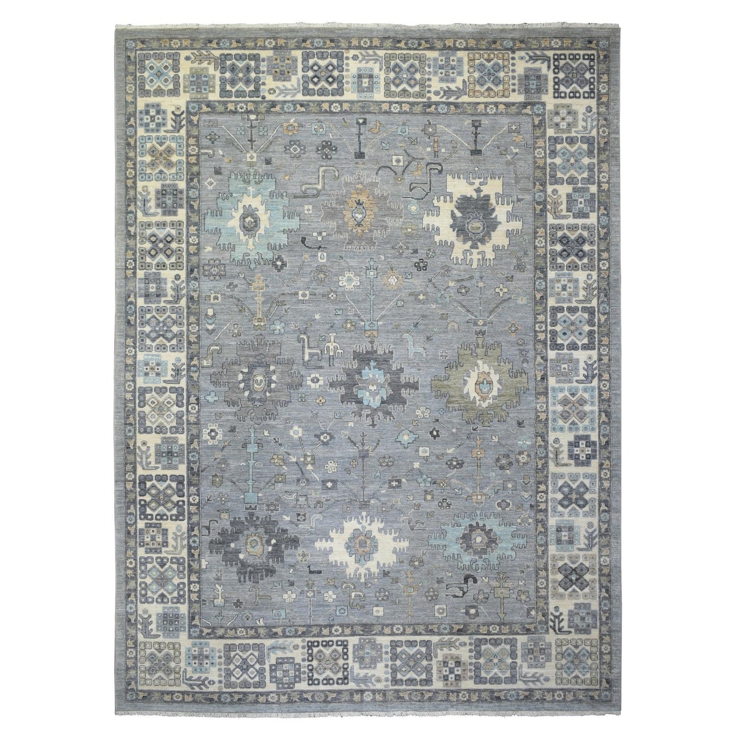 9'X12' Gray Afghan Wool Hand Knotted Fine Peshawar Densely Woven Rug