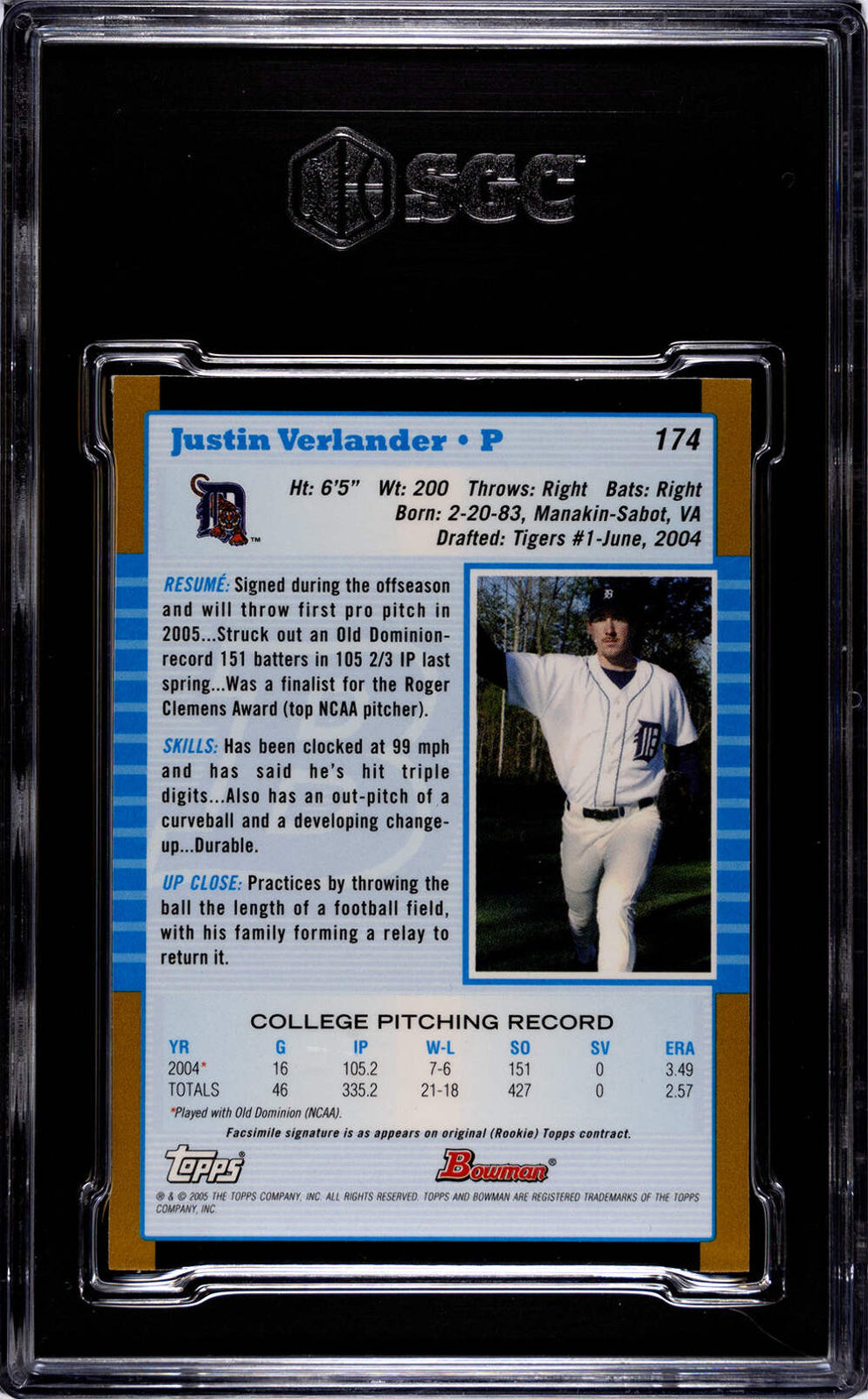 Justin Verlander 2005 Bowman #174 Gold 8.5 Sgc