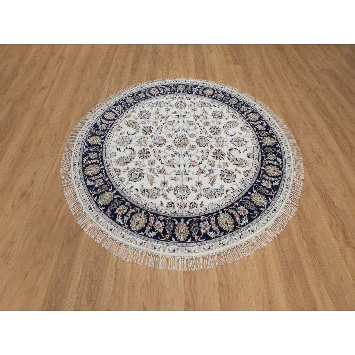 6'2"X6'2" Ivory Nain Flower Design Wool And Silk Hand Knotted Round Rug
