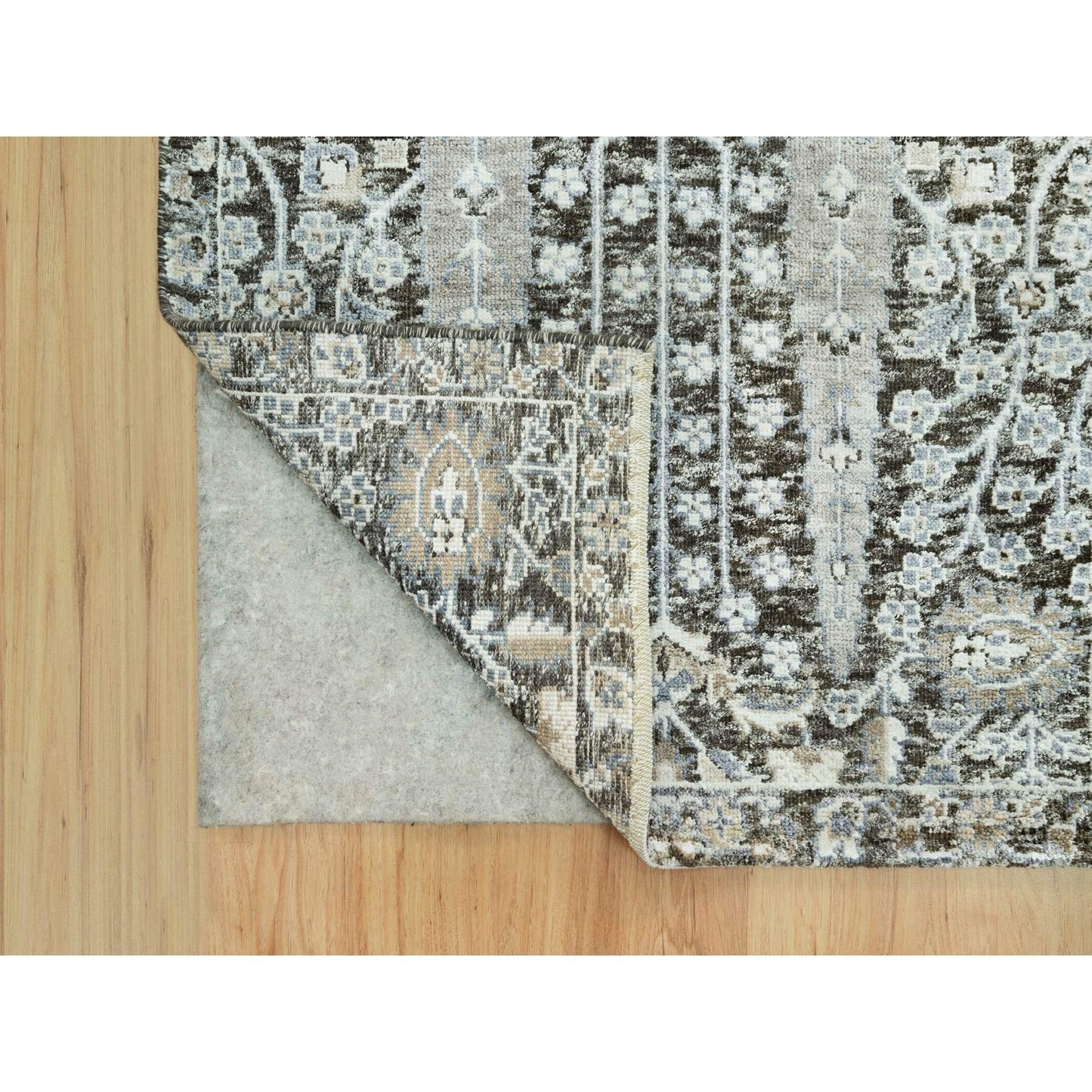 2'6"X10' Gray Hand Knotted Silk And Wool Willow And Cypress Tree Rug