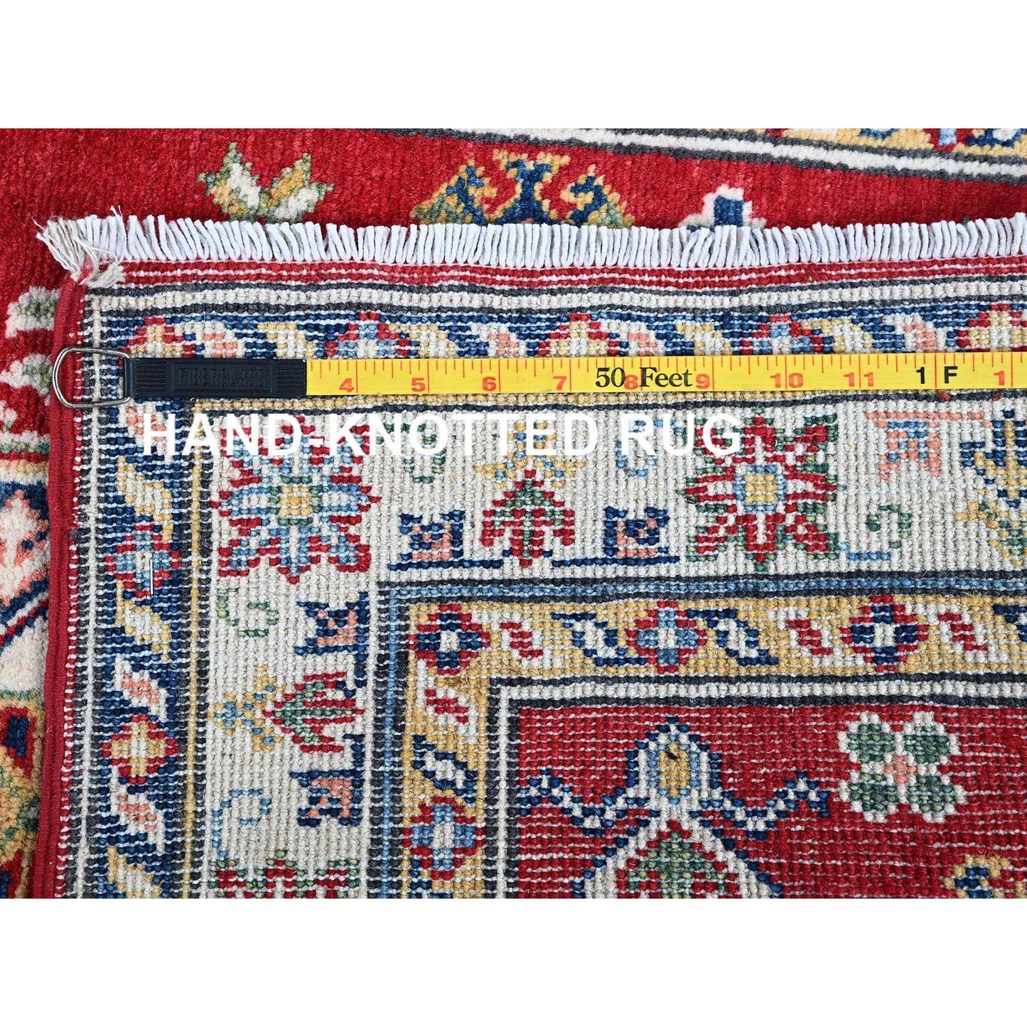 2'9"X6'6" Red Kazak With Geometric Design Soft Wool Hand Knotted Runner Rug