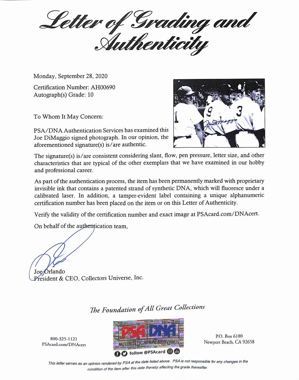 Joe Dimaggio Hof Yankees Signed/Auto 11X14 1936