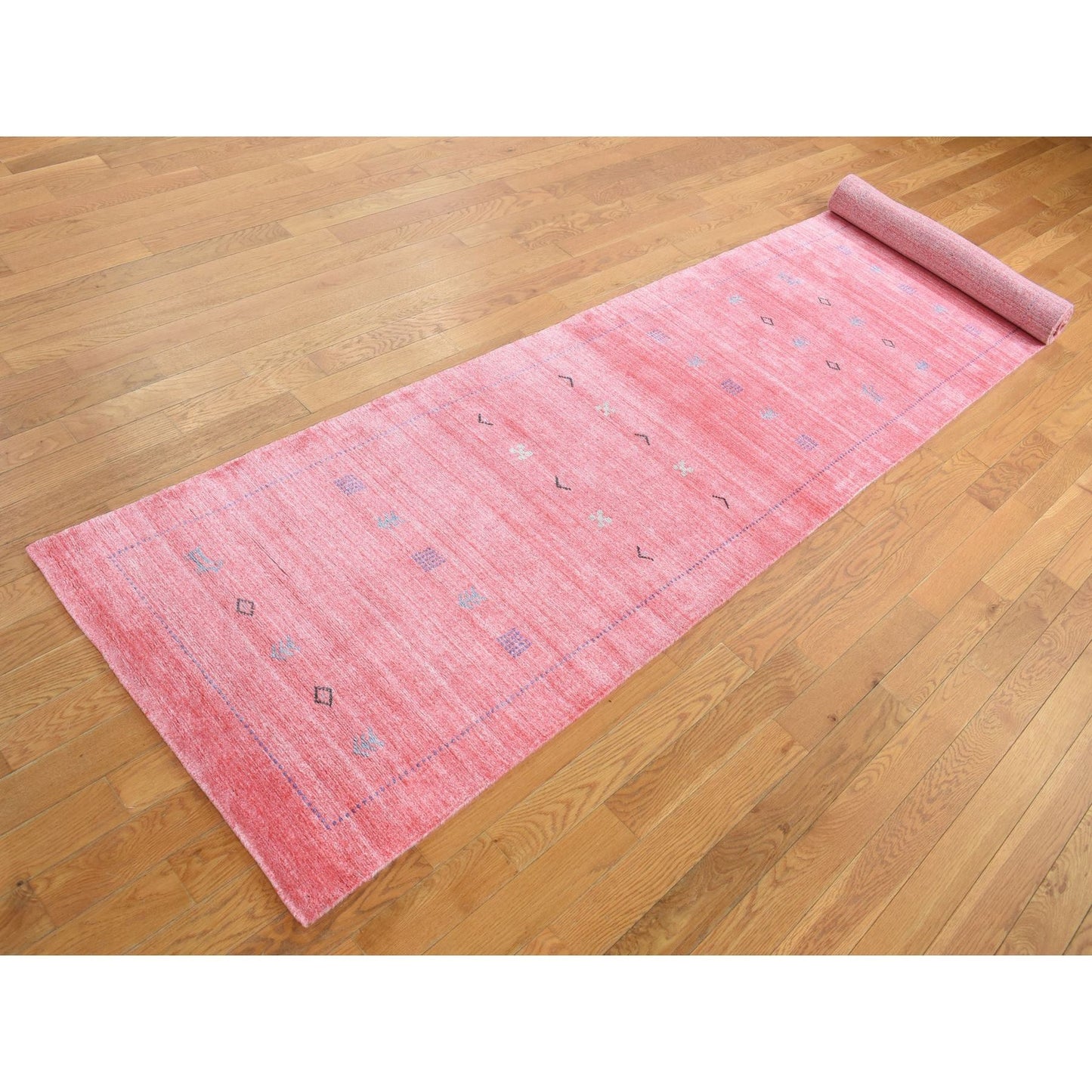 2'8"X13'6" Pink Wool And Silk Loomed Knotted Gabbeh Runner Oriental Rug