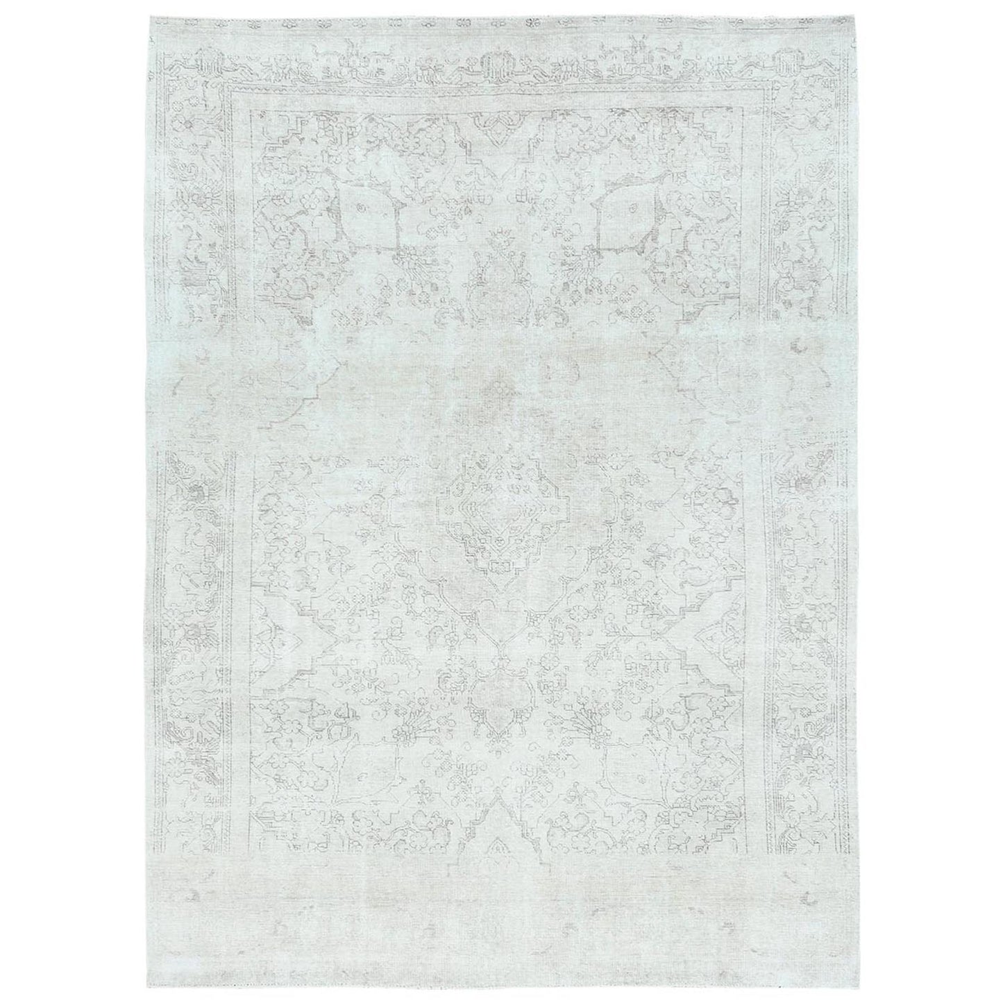 9'3"X13' Ivory Vintage Farsian Tebraz Worn Wool Hand Knotted Rug