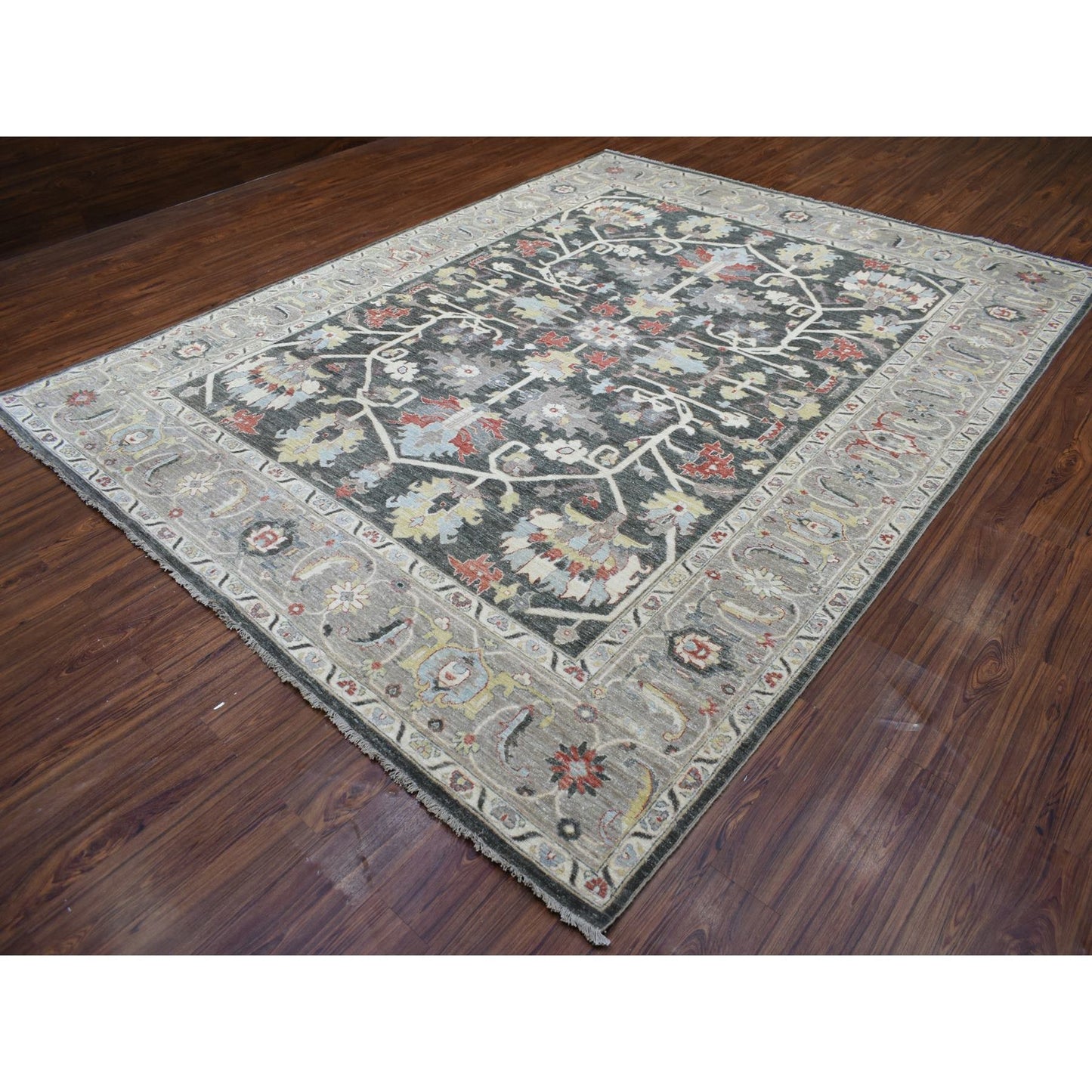 9'3"X11'9" Charcoal Black Afghan Peshawar Soft Wool Hand Knotted Rug