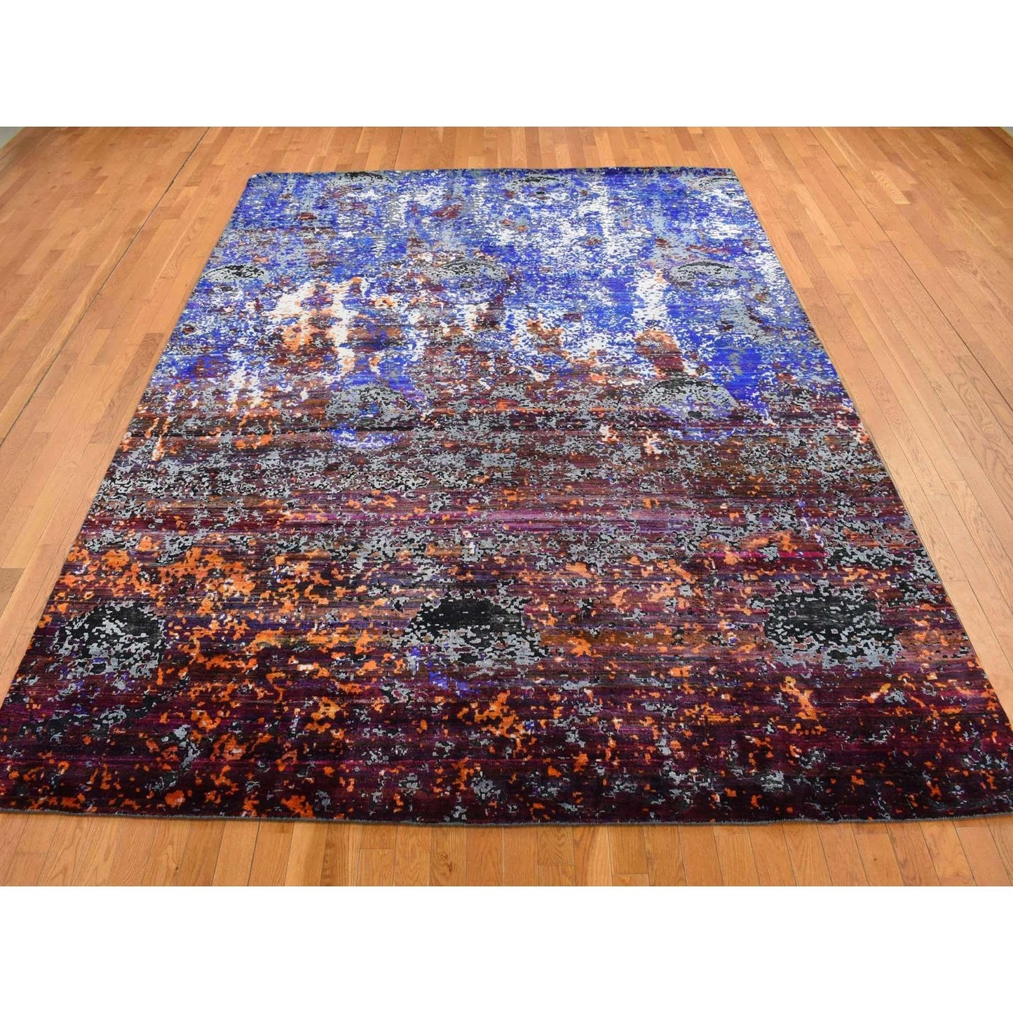 8'10"X12' Blue Hand Knotted Galactical Modern Design Silk And Pile Rug